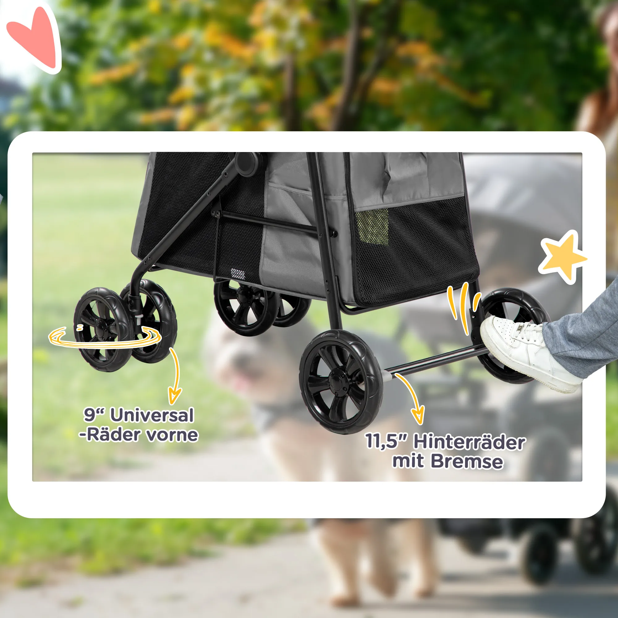 Hundewagen klappbar bis 20 kg mit 3 Taschen, Grau, 102x62x105 cm