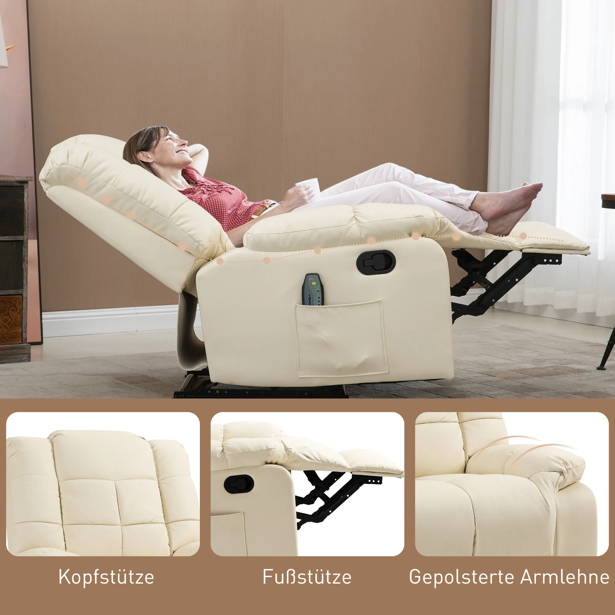 Massagesessel, Relaxsessel, 8 Vibrationspunkte, Liegefunktion, Kunstleder, cremeweiß, 94x99x99cm