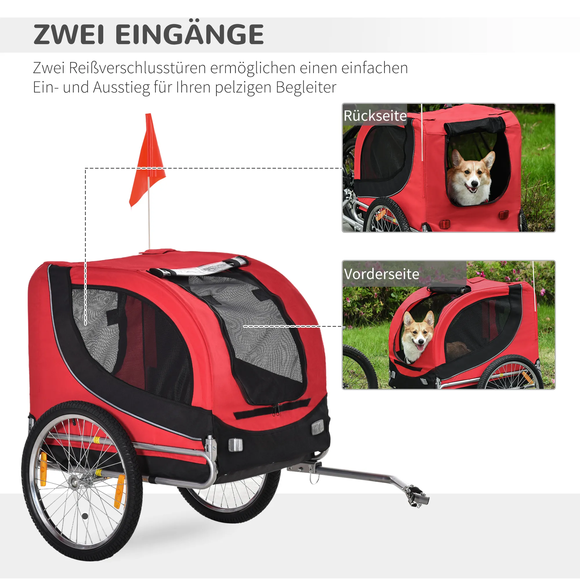 Hundeanhänger für Fahrräder bis 20 kg aus Stahl, Rot+Schwarz