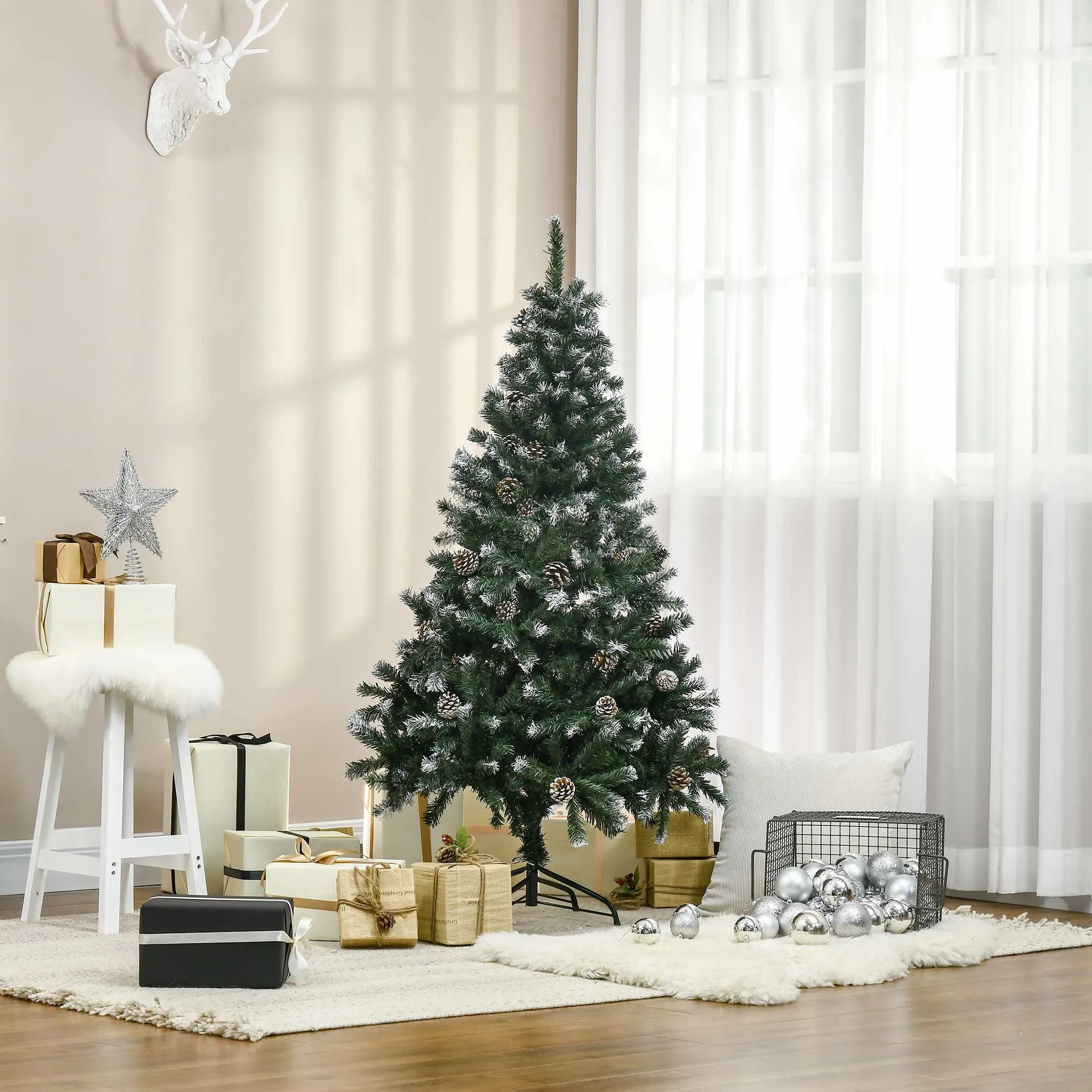 Künstlicher Weihnachtsbaum, 676 Zweige, 41 Zapfen, verschneite Spitzen, feuerfest, 180 cm