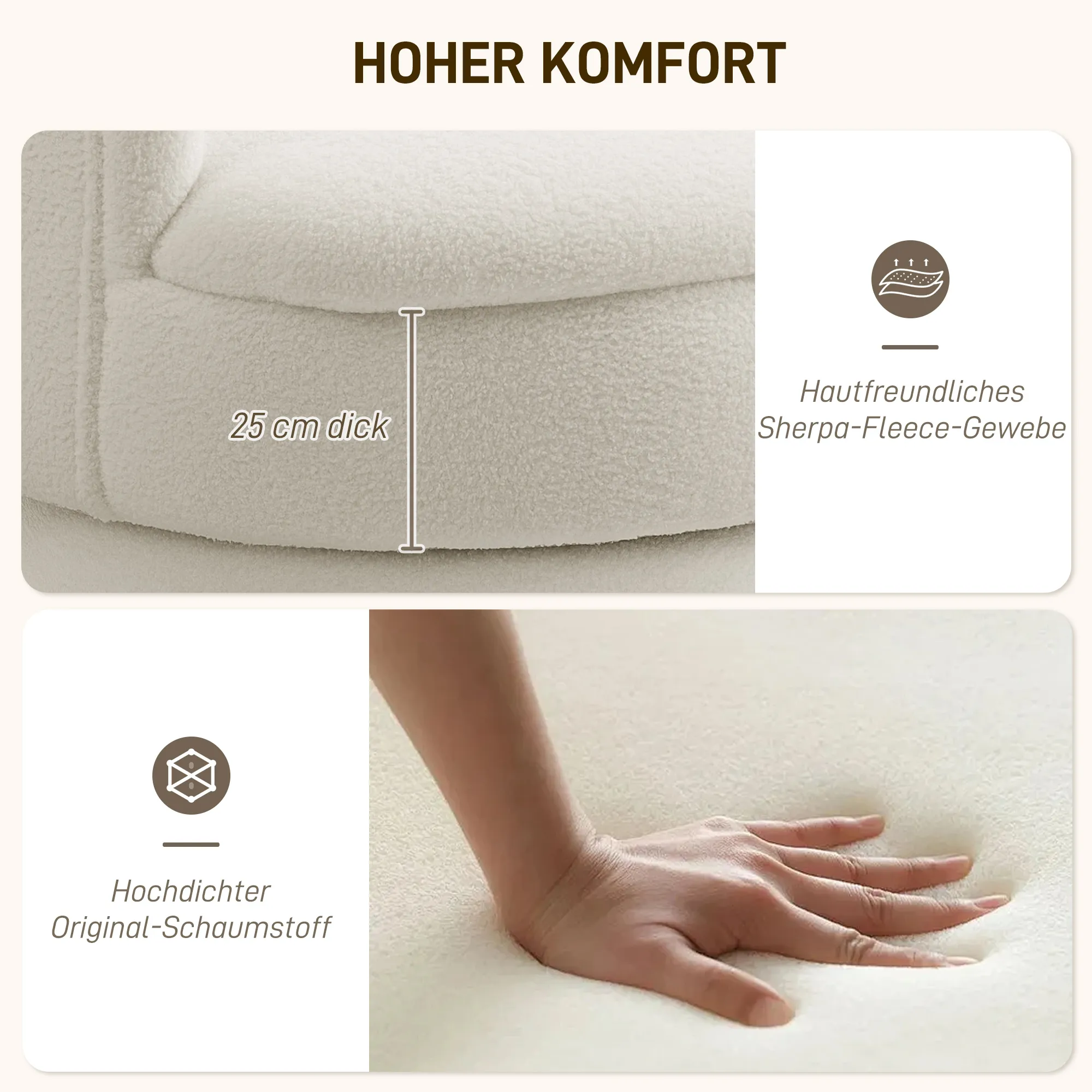 Drehbarer Polstersessel, Moderner Lounge-Sessel mit Kautschukholzrahmen, für Wohnzimmer, Schlafzimmer, Cremeweiß