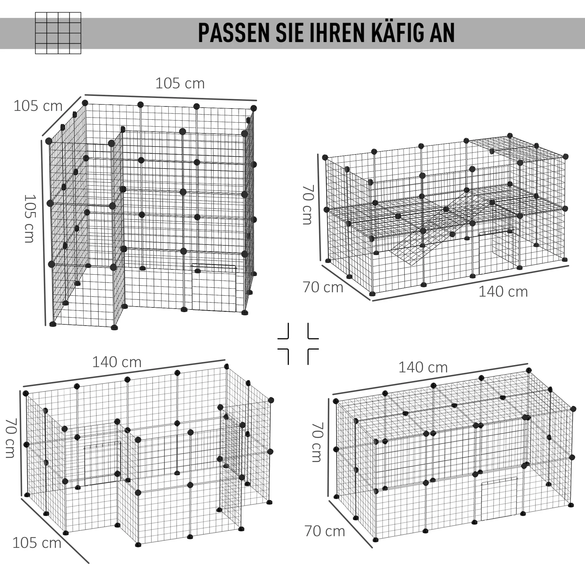 Freigehege, Freilaufgehege, Laufstall mit 36 Platten, Kleintiergehege für Kleintiere, Meerschweinchen, Gehege für innen und außen, Metallgitter, 146 x 73 x 73 cm, Schwarz