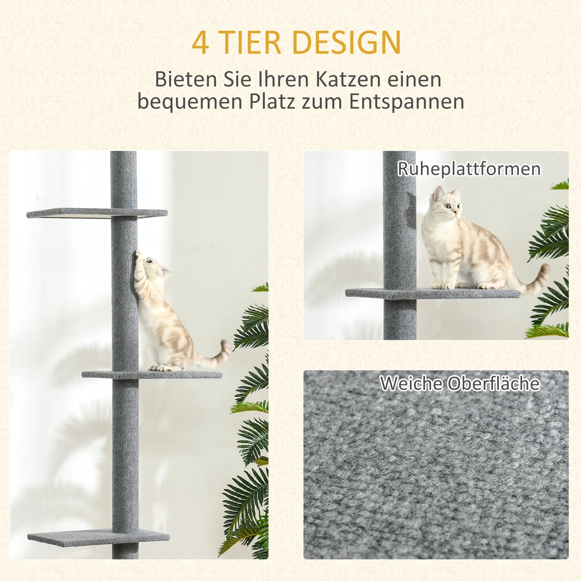 Kratzbaum deckenhoch mit 4 Plattformen, Plüsch, 228-260 cm, Grau