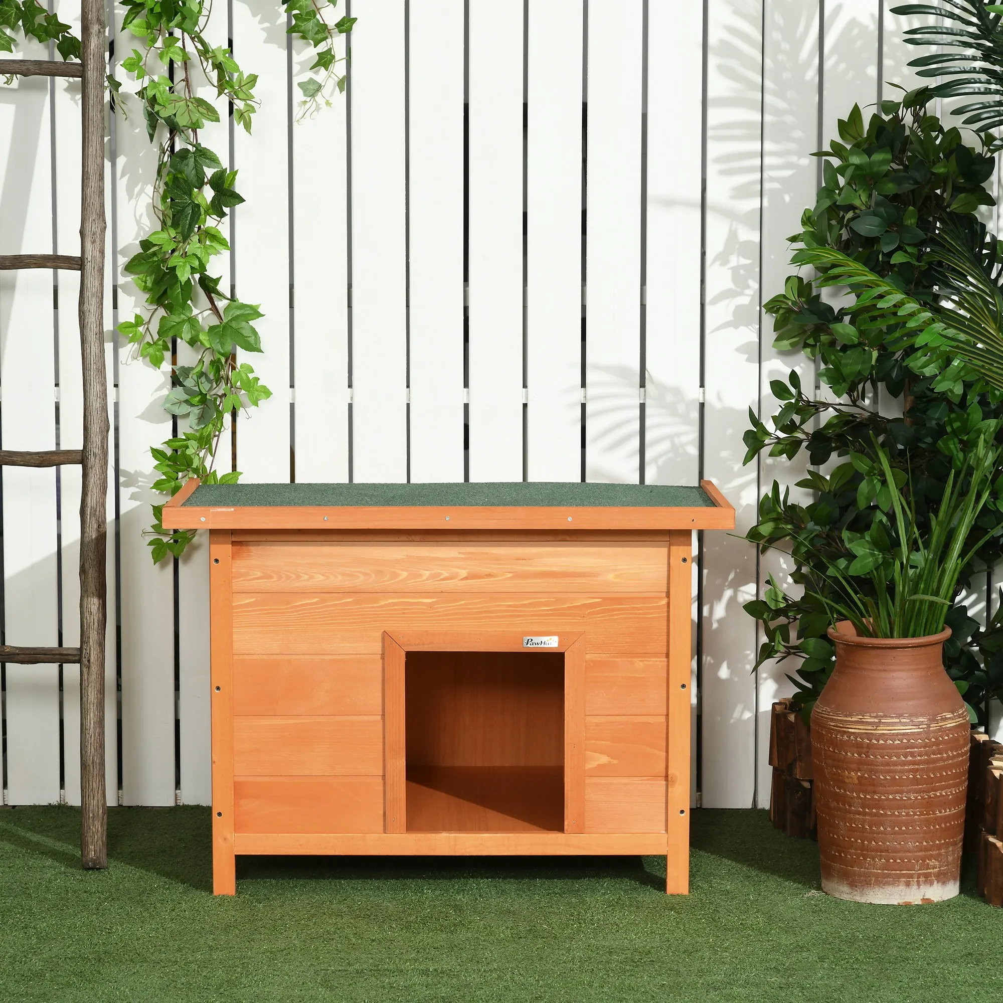 Hundehütte aus lasiertem Tannenholz, L82 x B58 x H58 cm, Natur+Grün