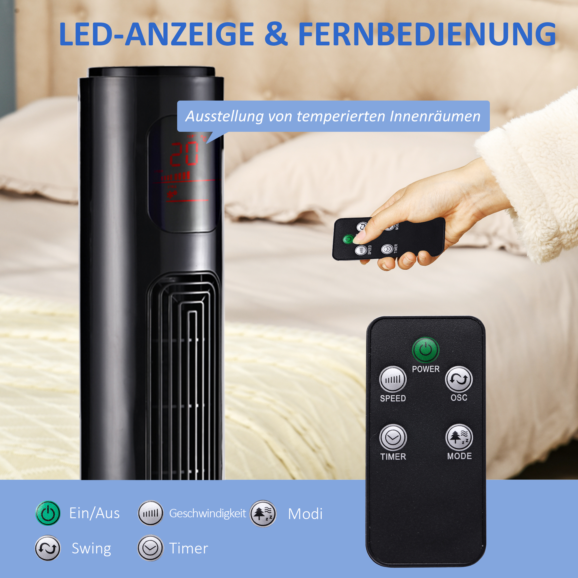 Turmventilator Schwarz 32L x 32L x 96H cm