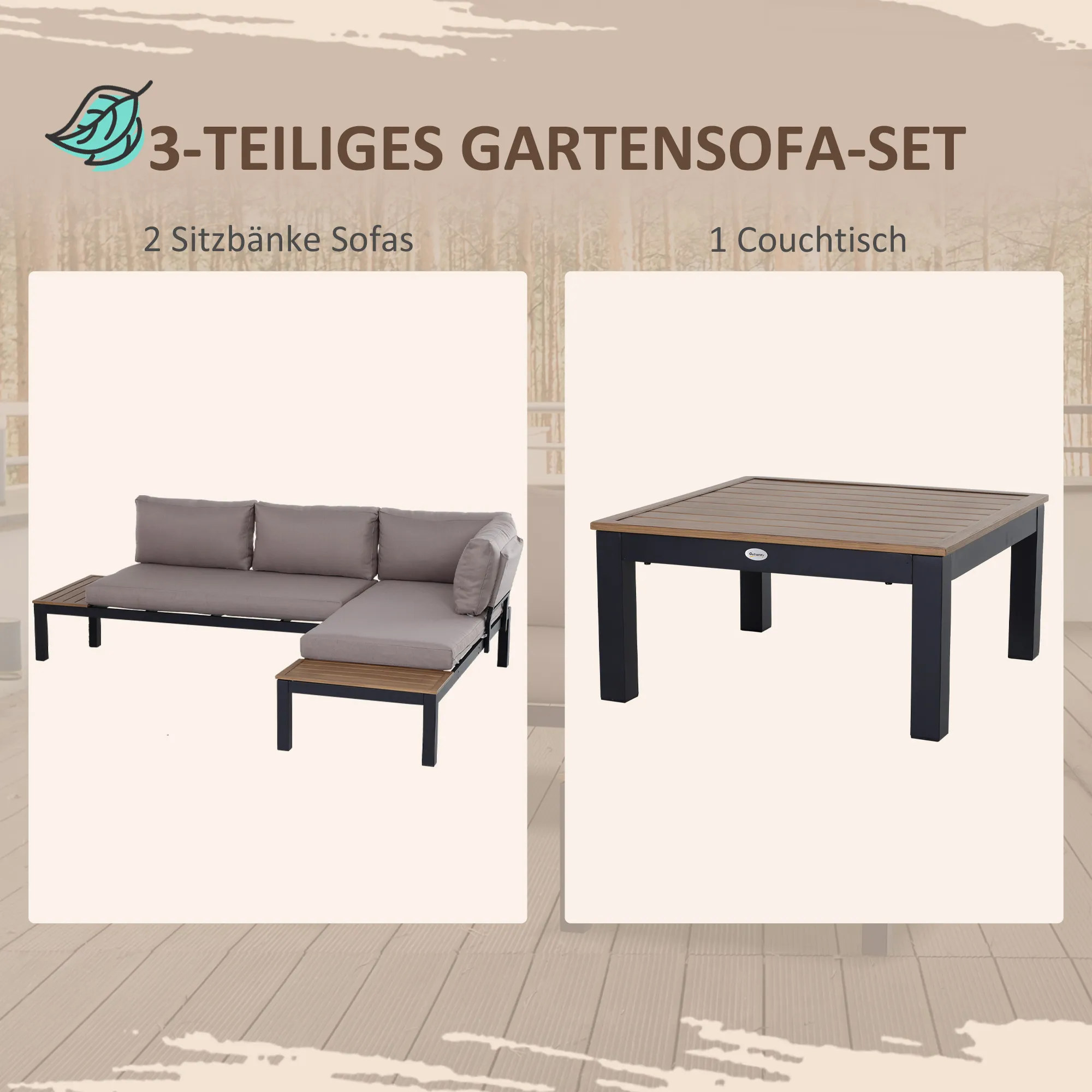 3-teiliges Gartenmöbel Set Grau 164x74x69 cm
