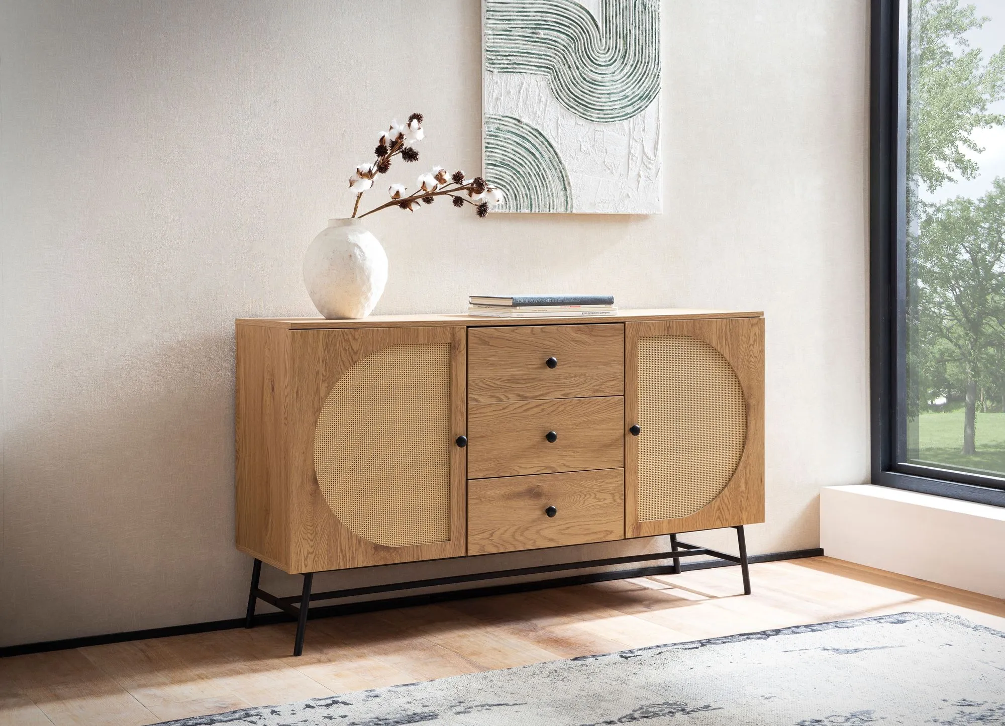 Sideboard 140x80x40 cm Kommode Eiche-Dekor mit Rattan Geflecht Modern