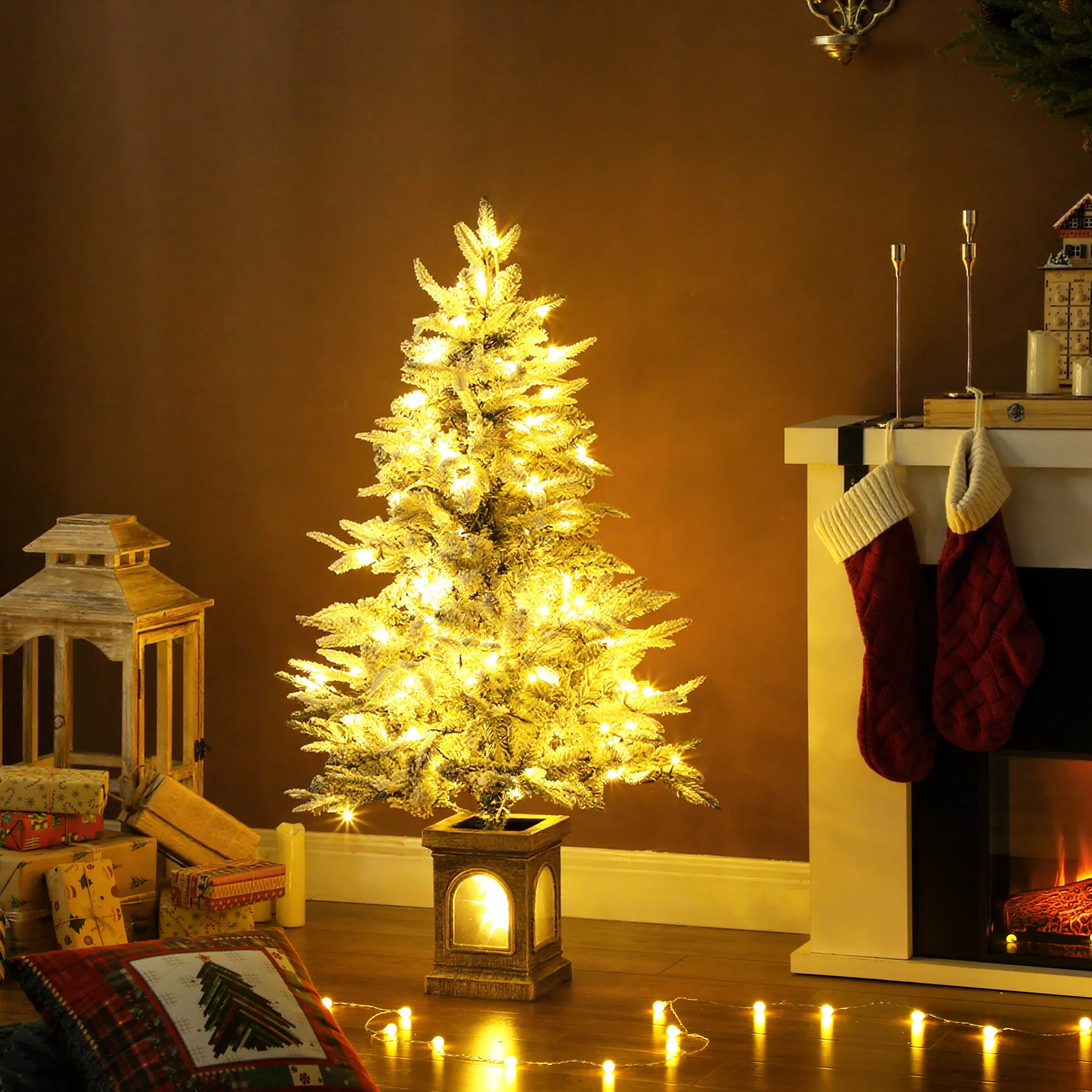 Künstlicher Weihnachtsbaum, schneebedeckter Look, 100 LEDs, 8 Modi, Kunststoff