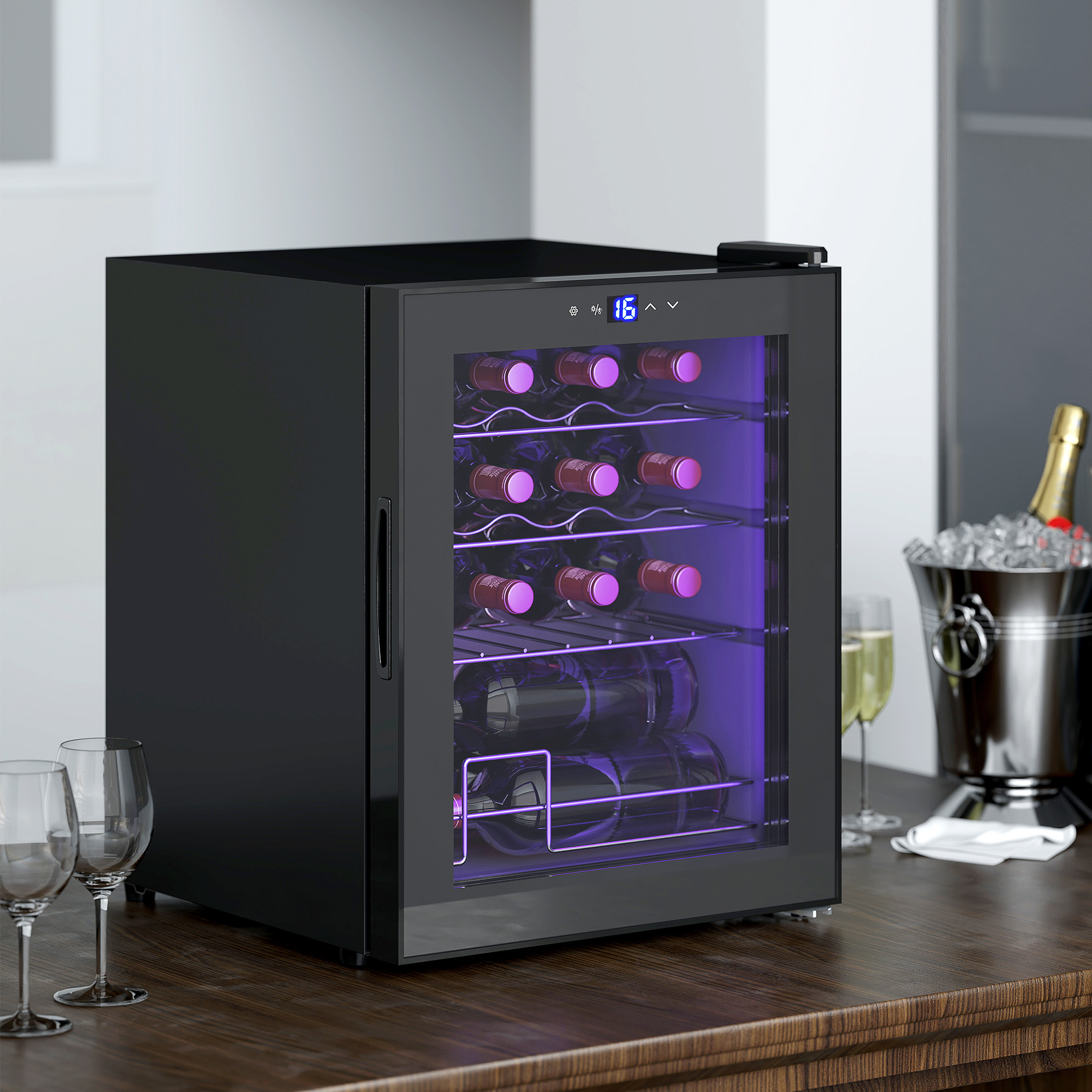 Weinkühlschrank 43B x 45T x 56,5H cm Schwarz für 16 Flaschen