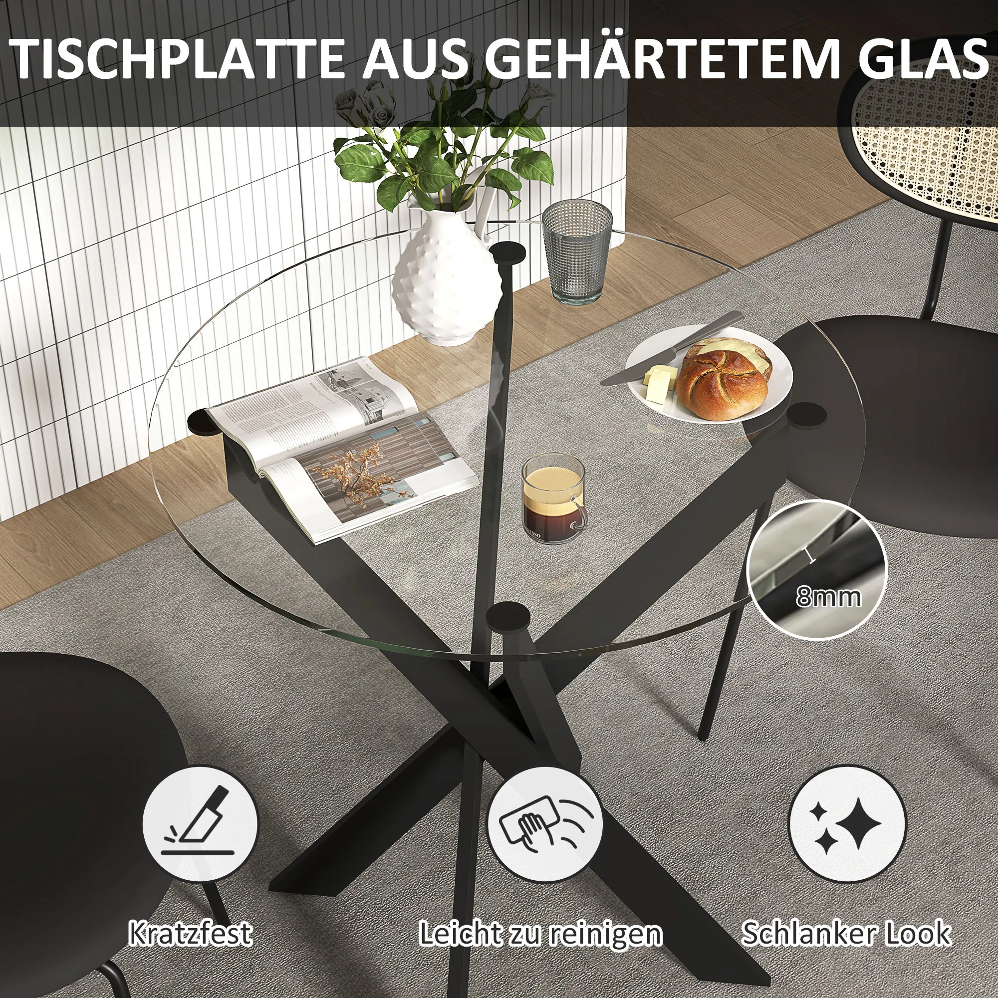 Moderner Glas-Esstisch, 70 cm Durchmesser, Küchentisch mit gehärteter Glasplatte und Metallbeinen, für 4 Personen