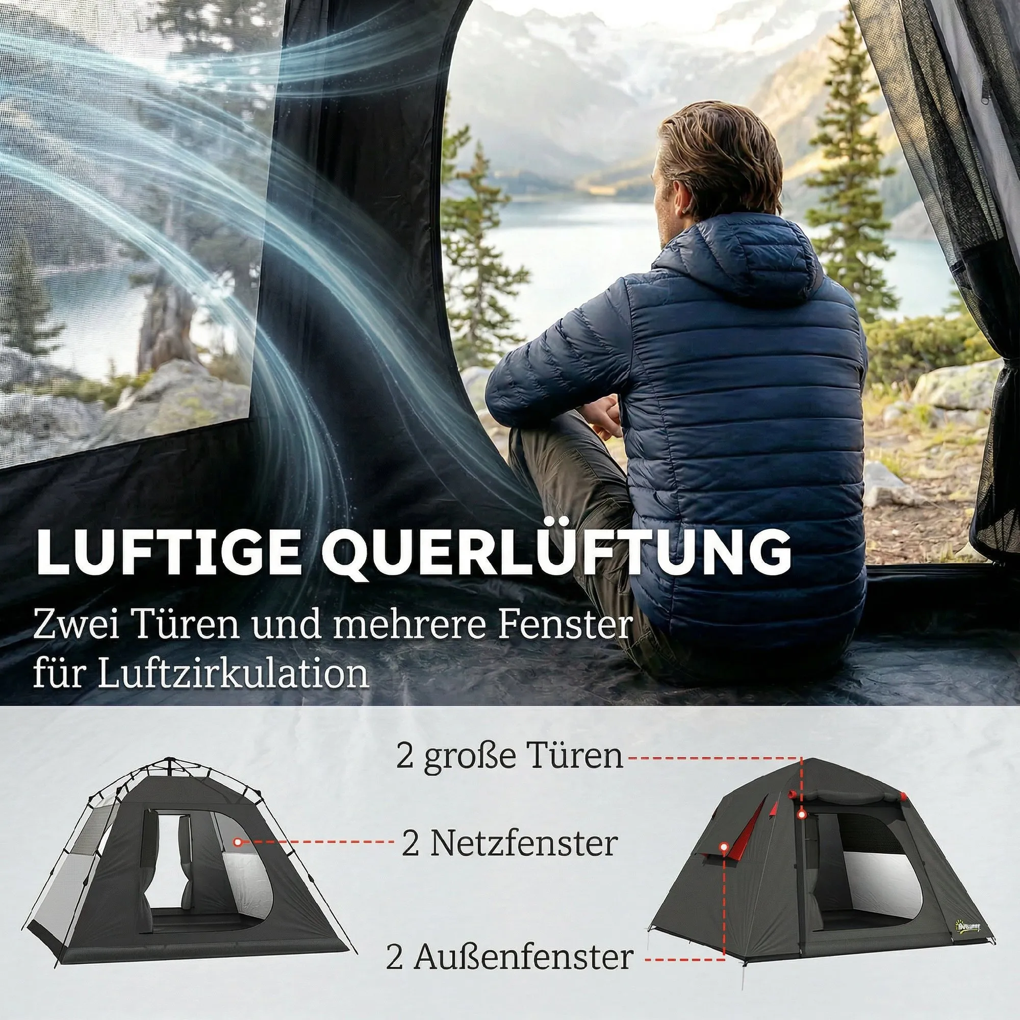 Kuppelzelt 2 Personen 210x210x150 cm Dunkelgrau-Rot