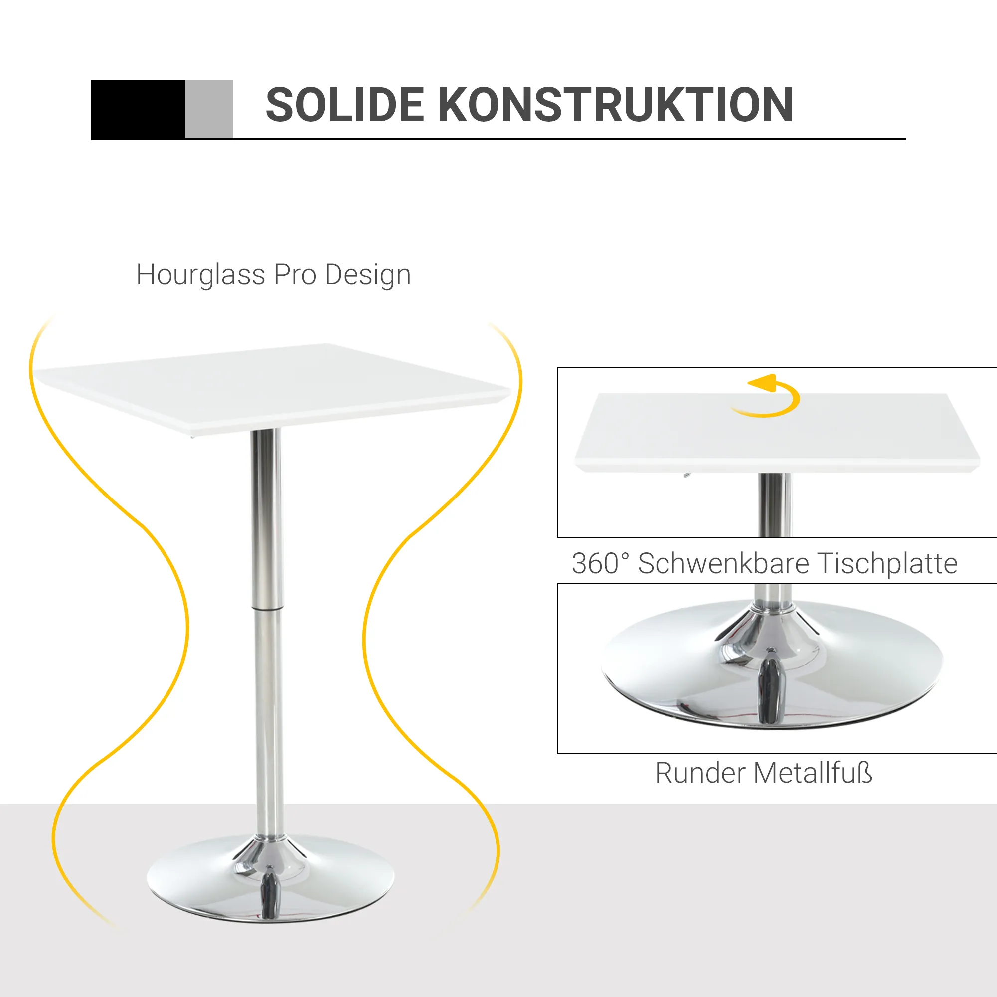 Praktischer Stehtisch 60x60 cm in Weiß mit höhenverstellbarer Funktion