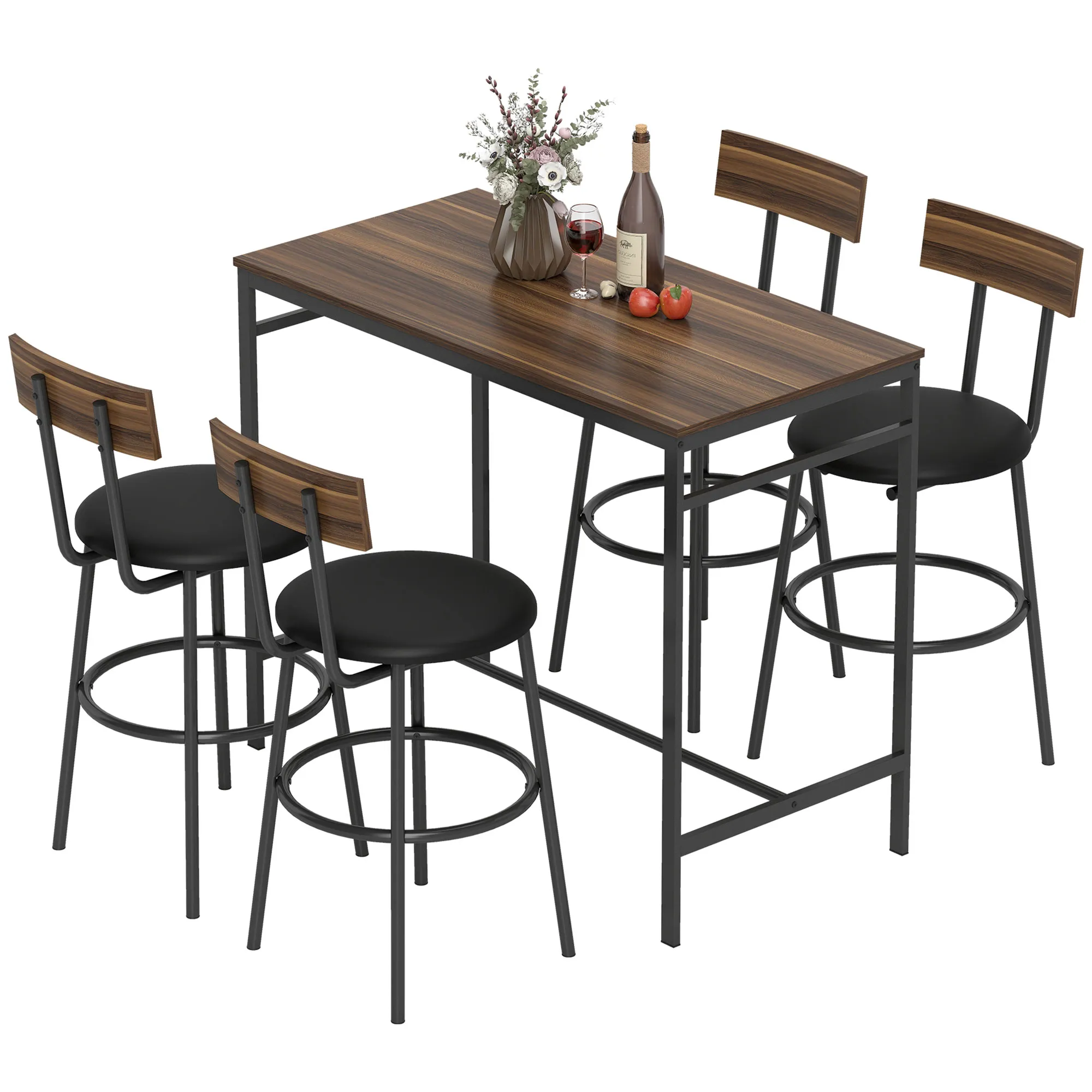 5-teiliges Bartisch-Set mit 4 Stühlen, Industrielles Design, für Küche, Esszimmer, Holz, Stahl, Braun