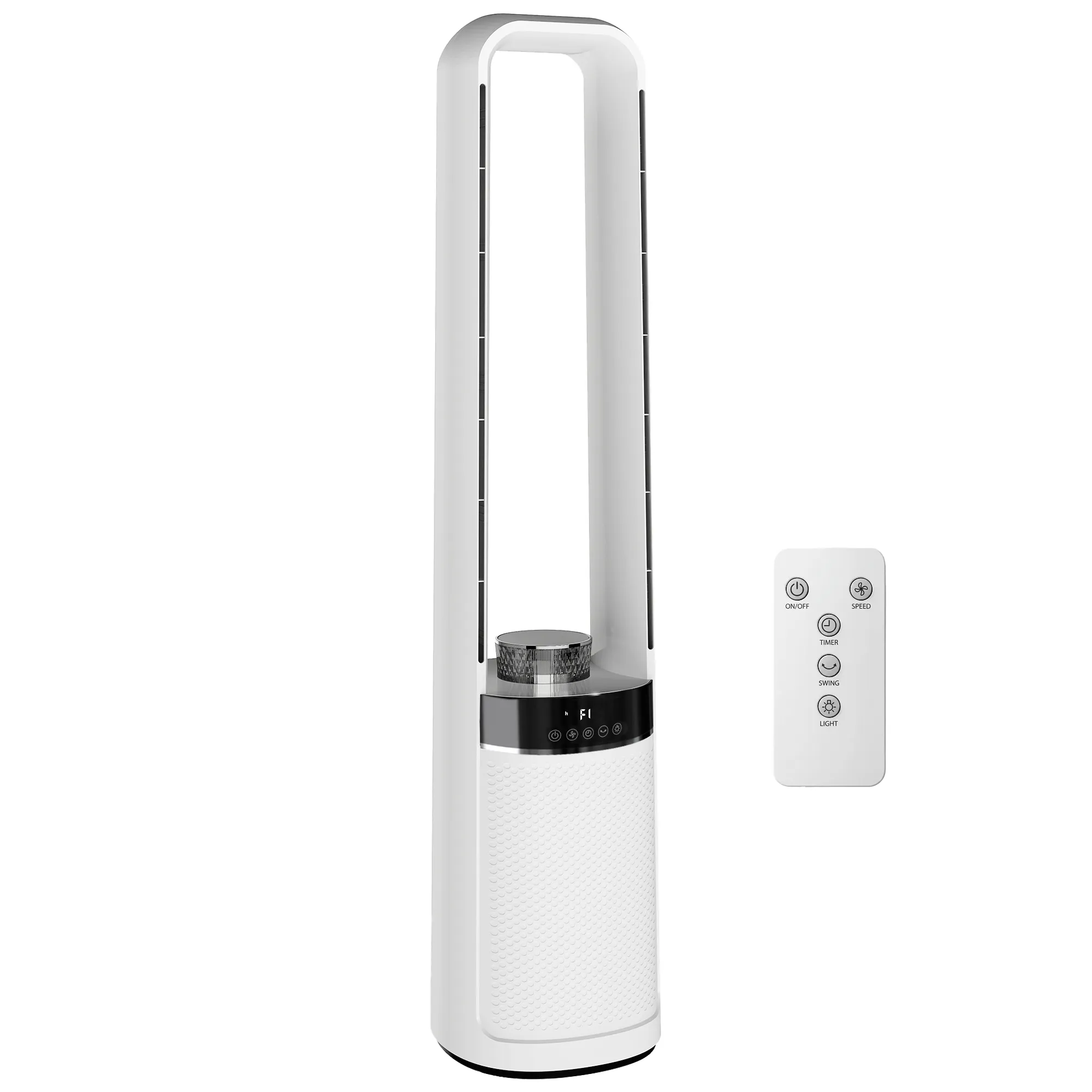 Turmventilator ohne Rotorblätter, mit 45° Oszillation, LED-Licht, 3 Geschwindigkeiten, 12-Std.-Timer, Fernbedienung