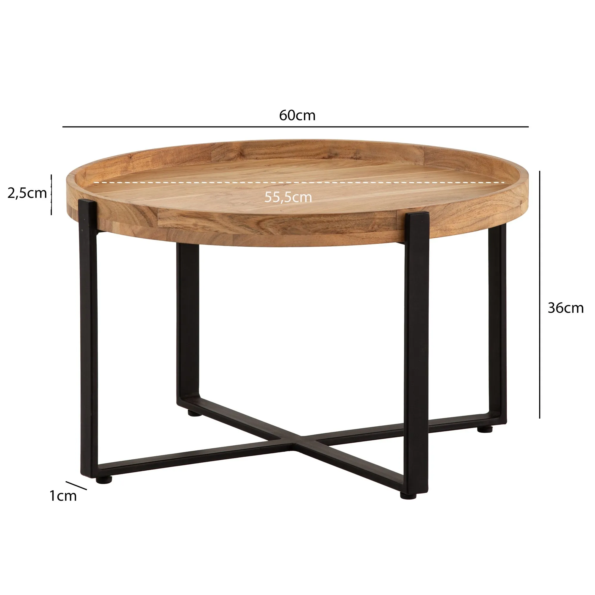 Couchtisch 60x60x36 cm Akazie Massivholz Metall Hellbraun Sofatisch Rund