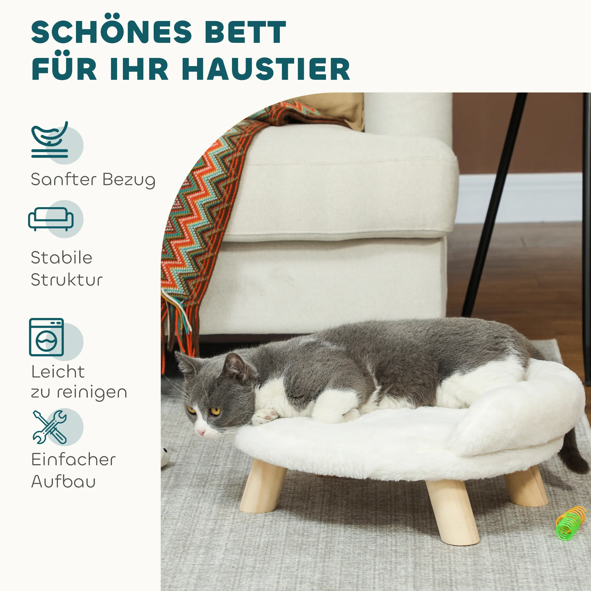 Haustierbett für Katzen und Hunde, Plüsch, 47x40x20 cm, Cremeweiß
