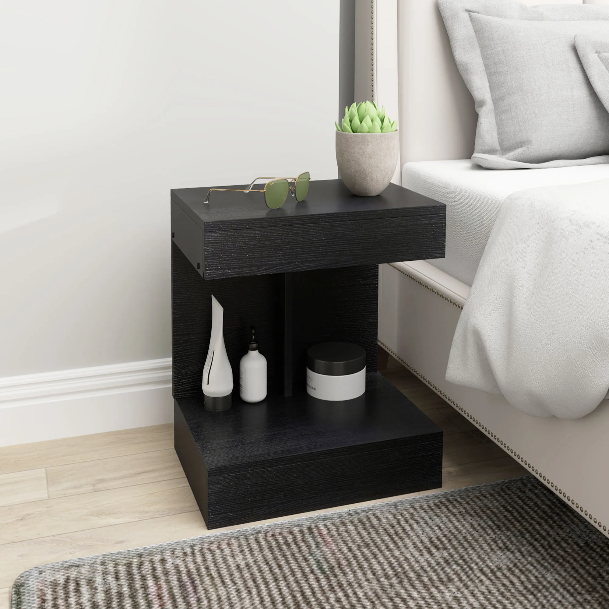 Nachttisch, Beistelltisch mit Schublade und Ablagefach, Moderner Sofatisch mit Regal für verschiedene Räume, Schwarz