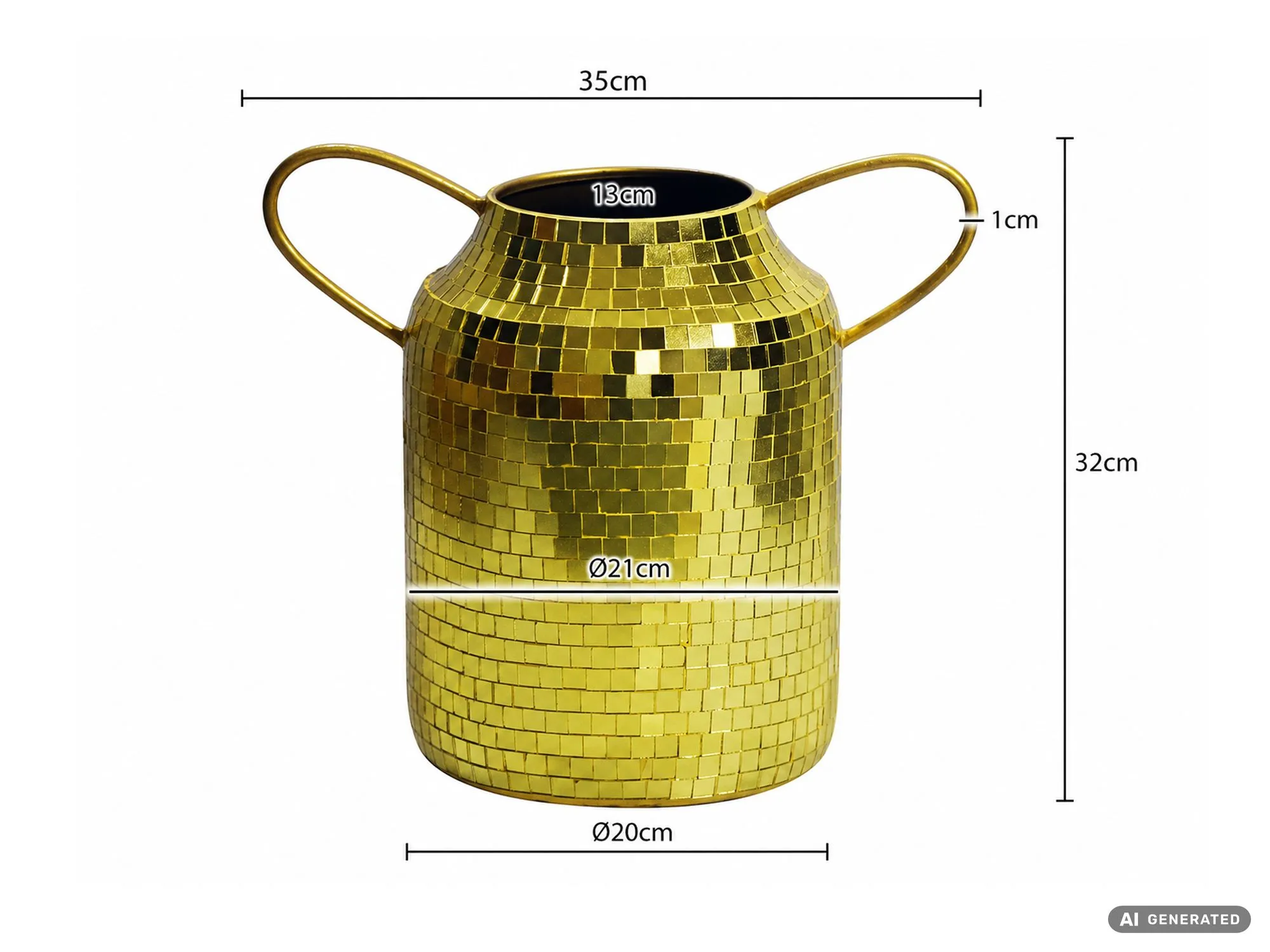 Tischvase Aluminium 32cm Gold - Blumenvase mit Henkel - Metallvase im Discokugel Design Modern - Dekovase rund für Trockenblumen - Alu Standvase Vase Hoch - Wohndeko Handmade