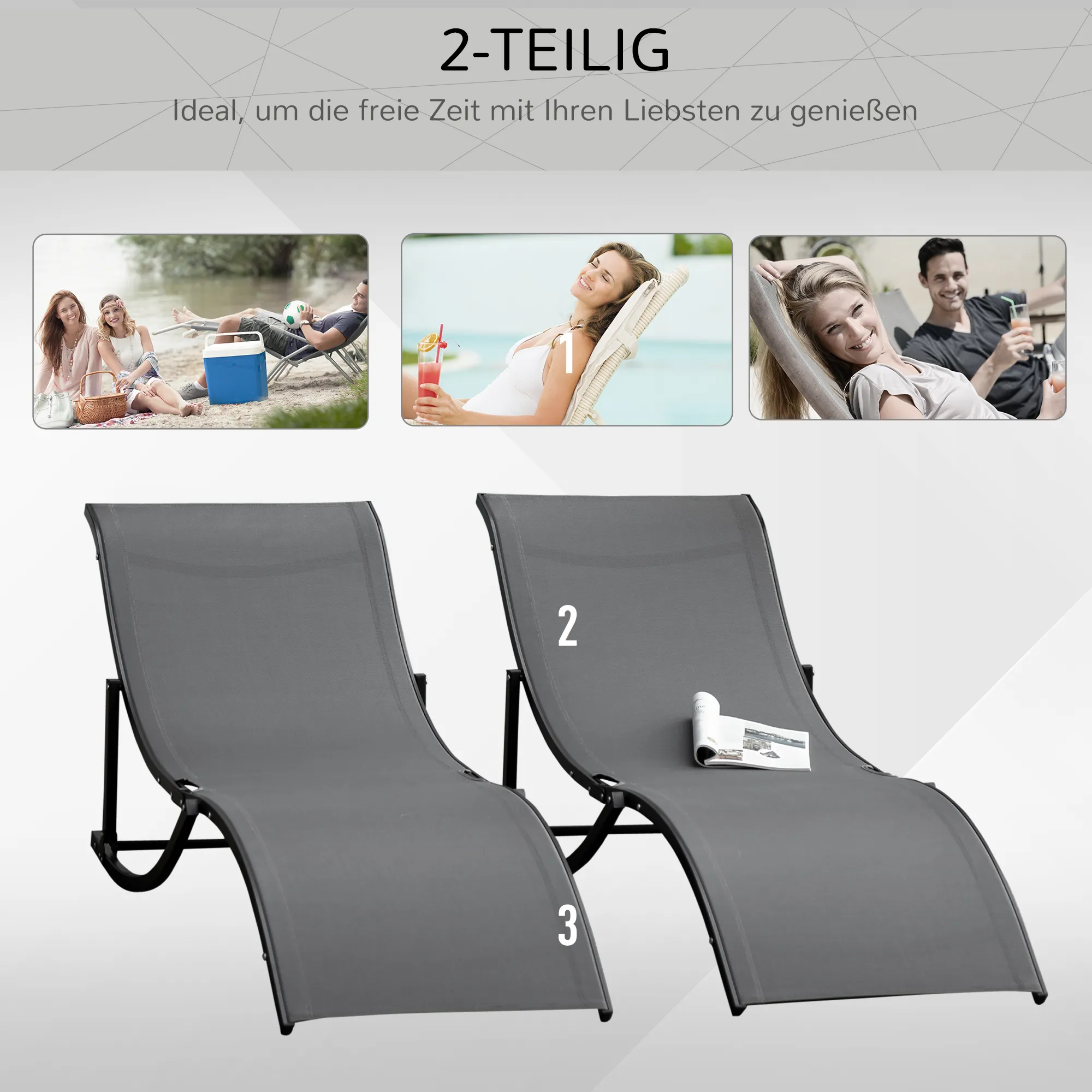 2 Ergonomische Liegestühle Dunkelgrau 165L x 61B x 63H cm