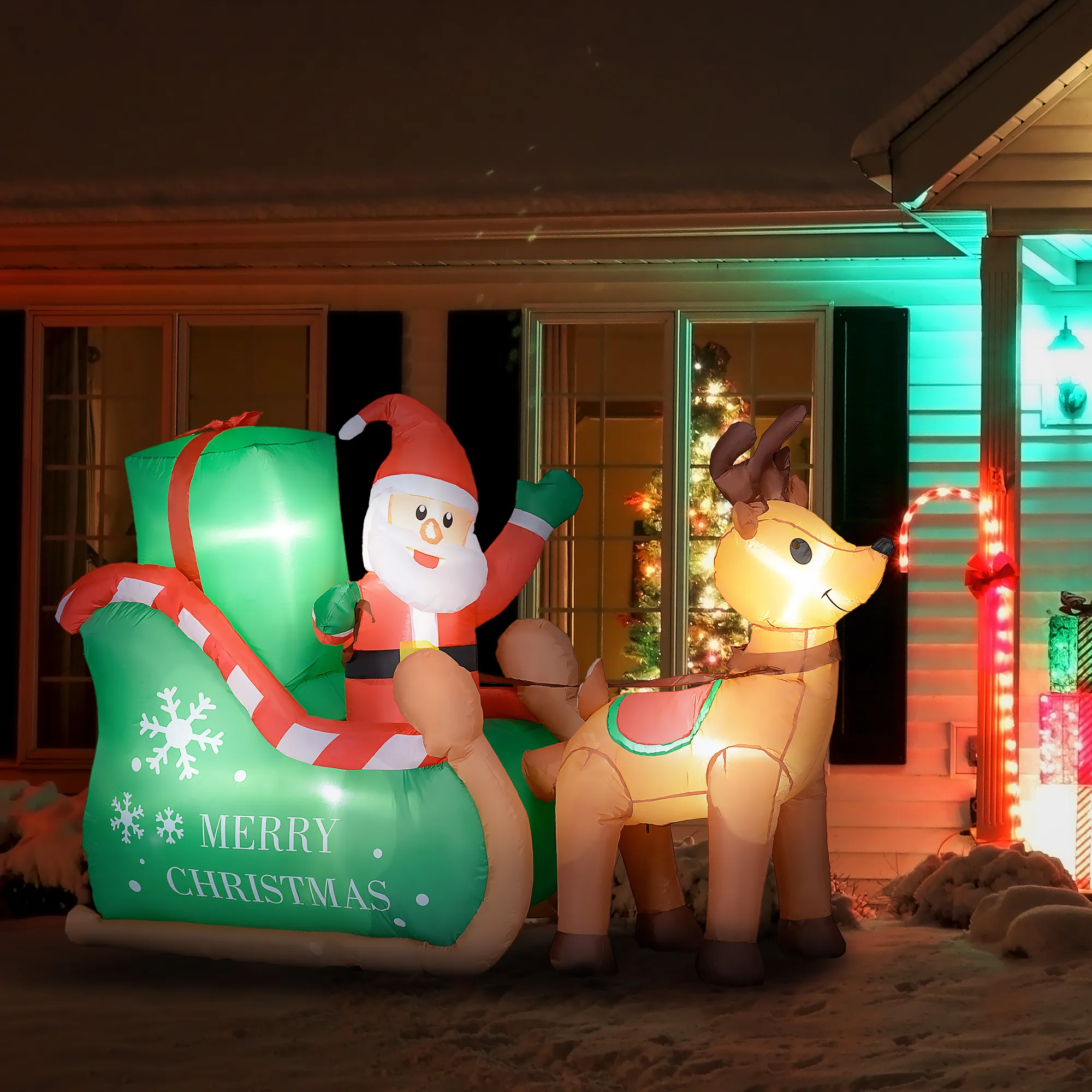 Weihnachtsmann mit Schlitten & Rentier, aufblasbar, weiße LED-Beleuchtung, 210 x 80 x 140 cm