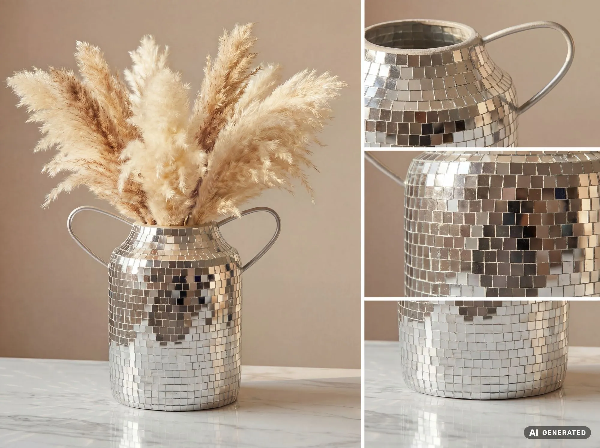 Tischvase Aluminium 32cm Silber - Blumenvase mit Henkel - Metallvase im Discokugel Design Modern - Dekovase rund für Trockenblumen - Alu Standvase Vase Hoch - Wohndeko Handmade