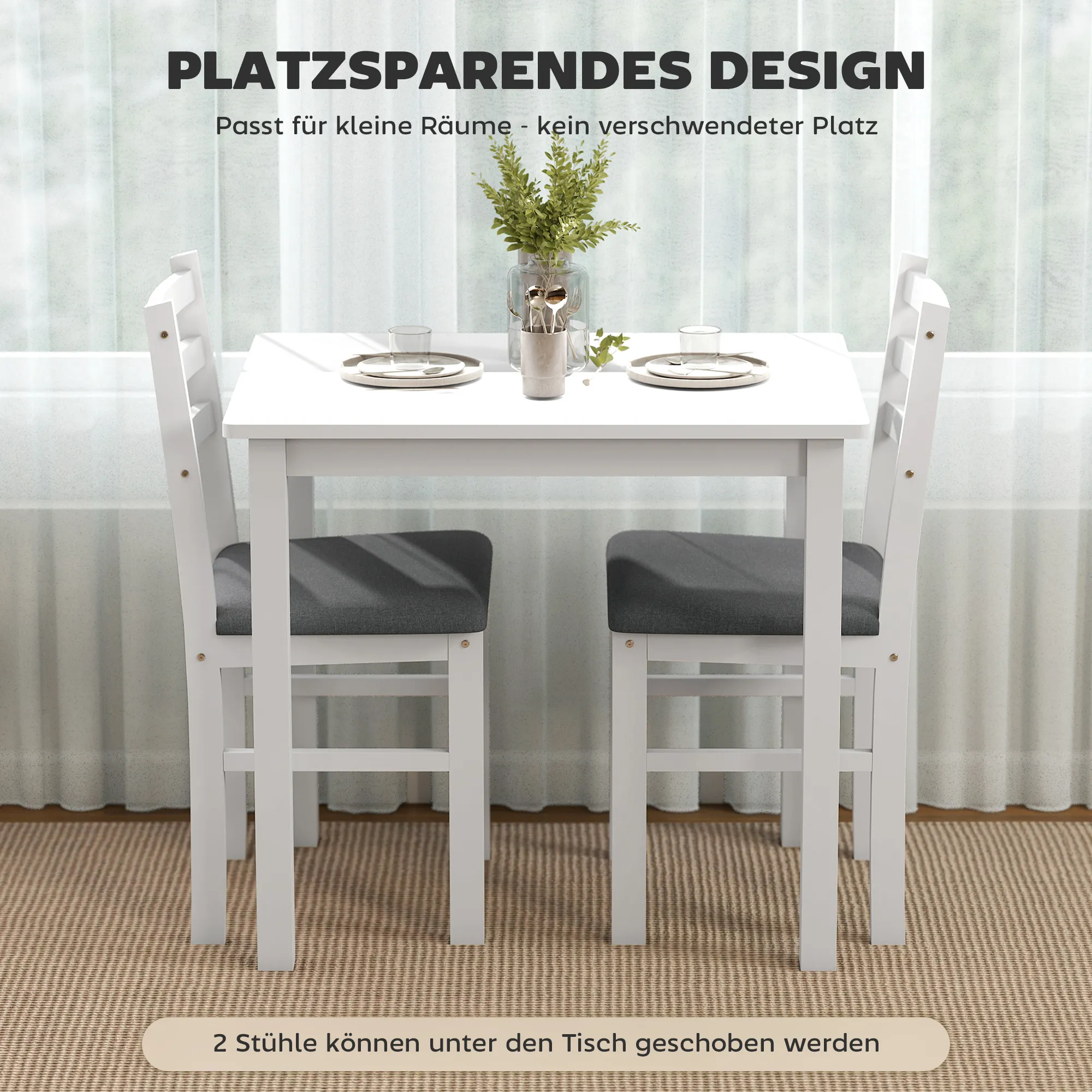 3-teiliges Esstisch-Set mit 2 Stühlen, Küchentisch für kompakte Räume, gepolsterte Stühle, platzsparend, MDF, Weiß