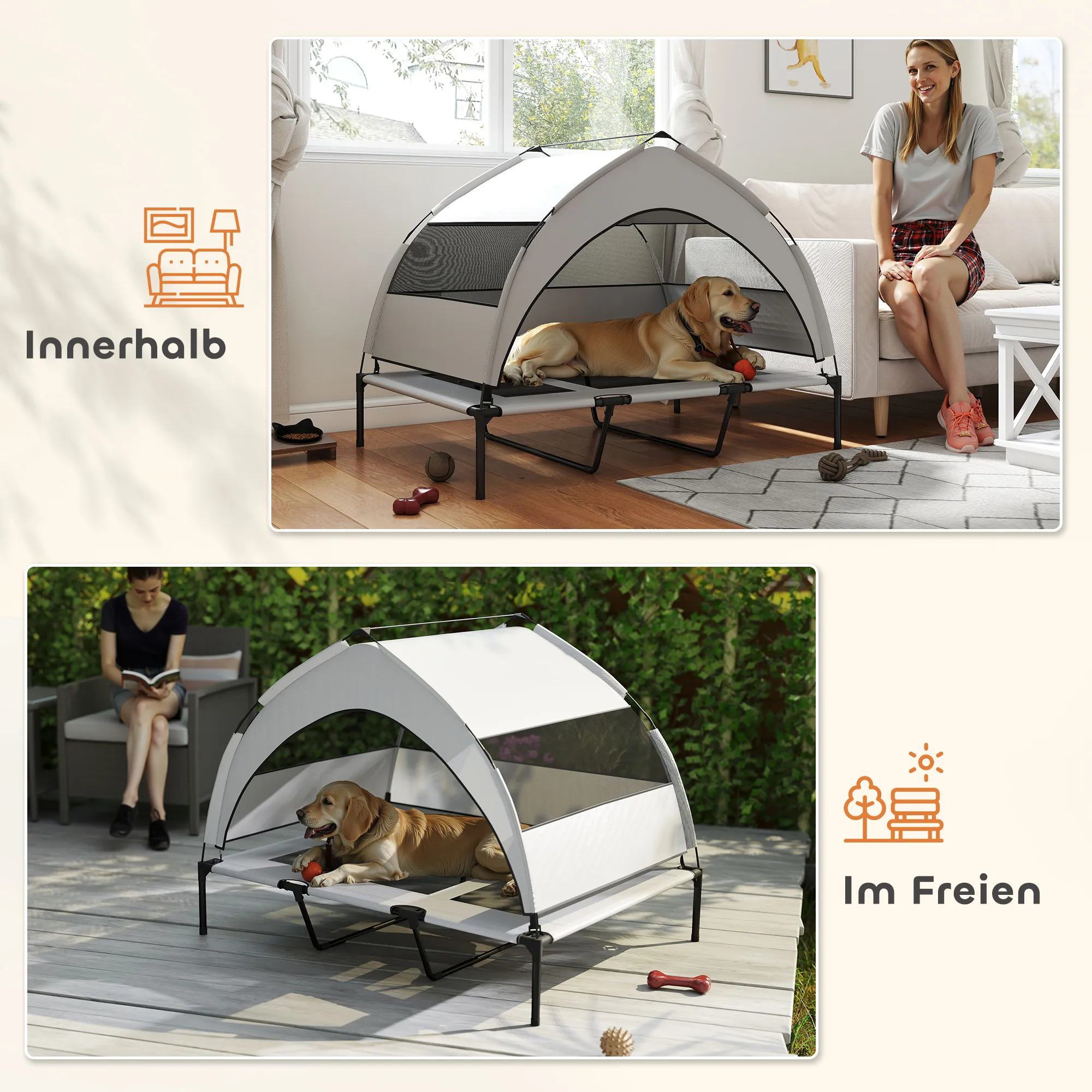 Hundebett Outdoor mit Dach, erhöht, Stahlrahmen, 122x92x94cm, Grau