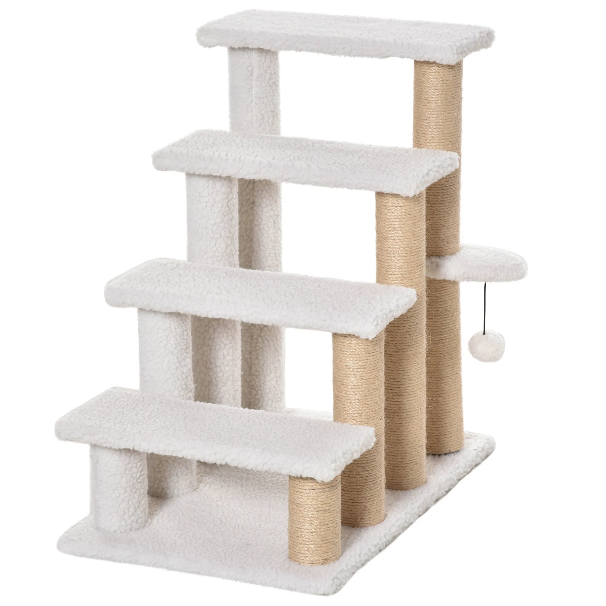 Katzentreppe 4-stufige Haustiertreppe mit Kratzsäulen Ball Hundetreppe Tiertreppe für Katzen bis 5 kg Plüsch Jute Weiß 60 x 40 x 64 cm