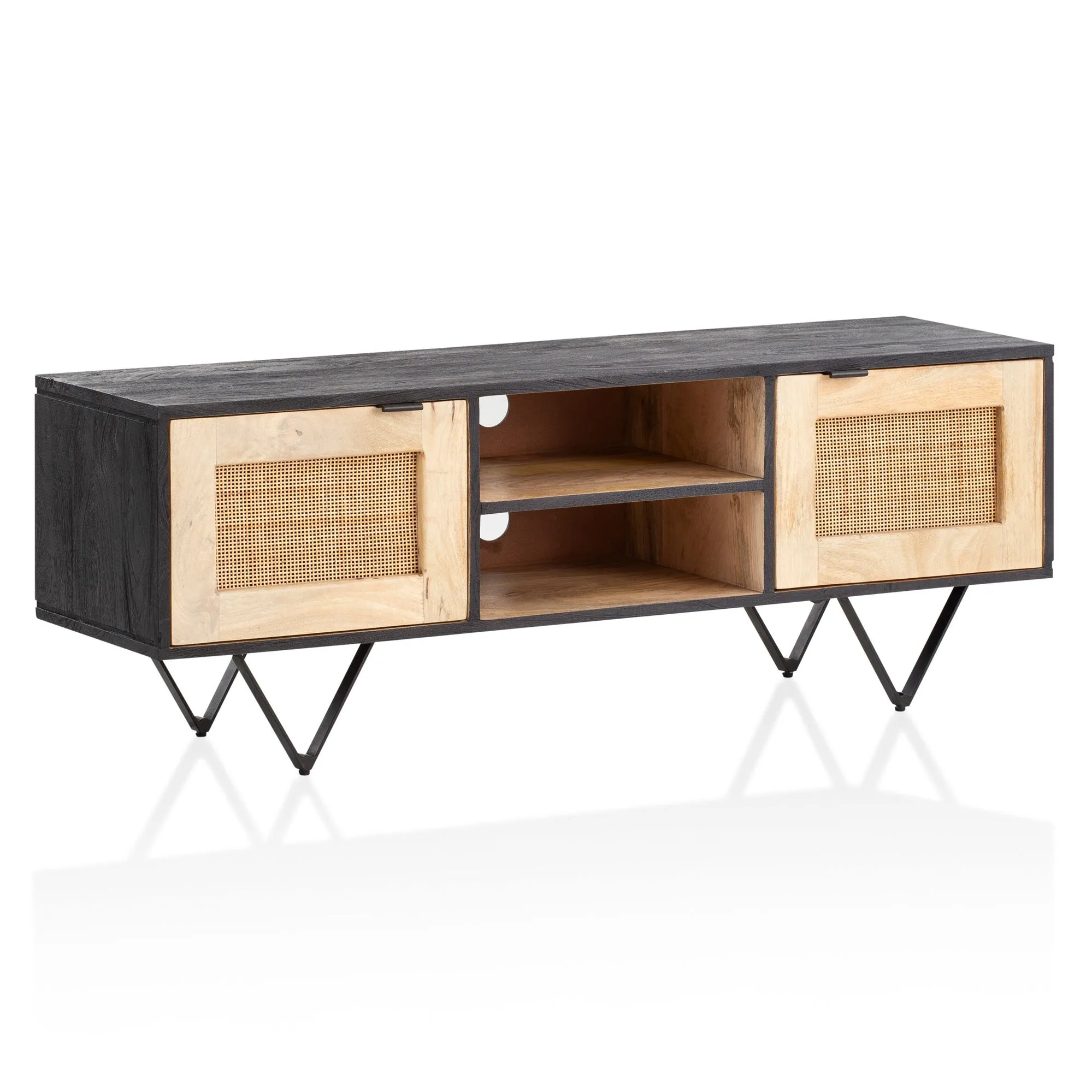 Wohnling Lowboard Mango Massivholz / Rattan 120x44x35 cm TV-Kommode mit zwei Türen
