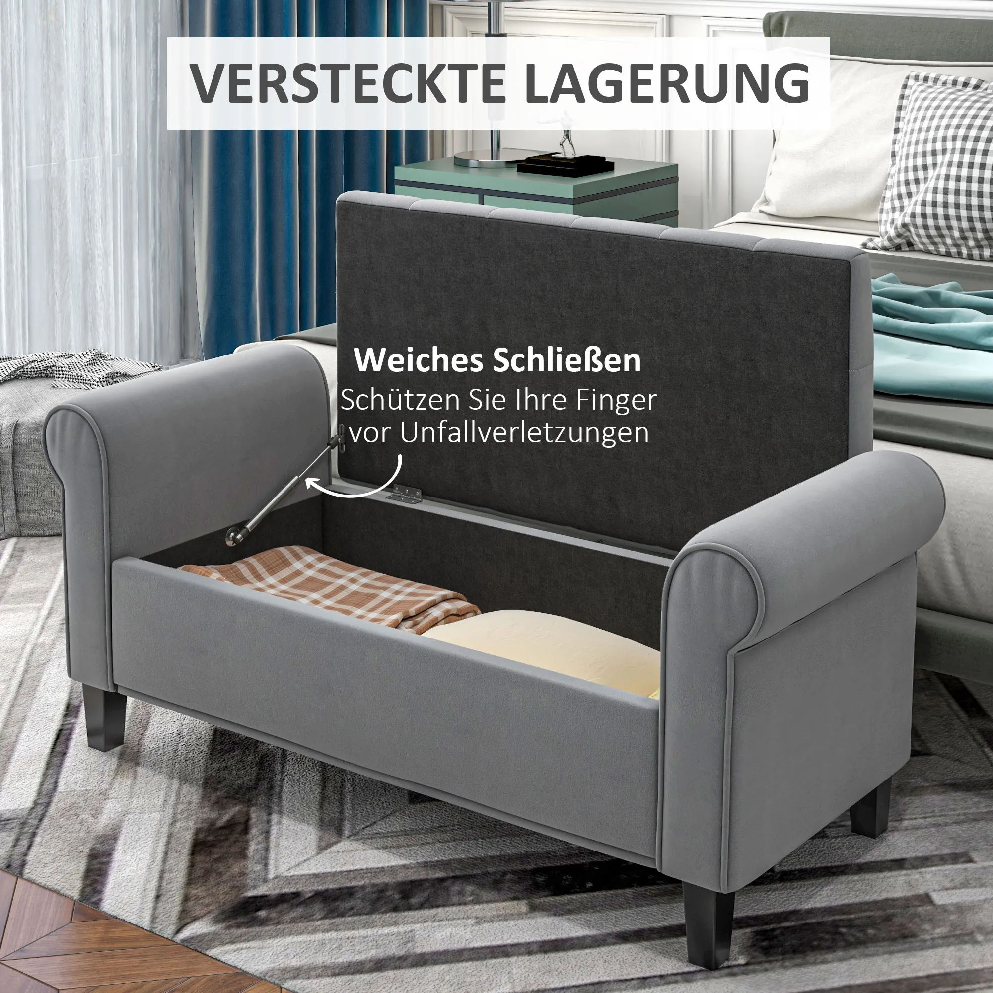 Sitzbank Polsterbank Bettbank, Knopfheftung, Samtoptik, 126 cm x 48,5 cm x 57 cm, Grau