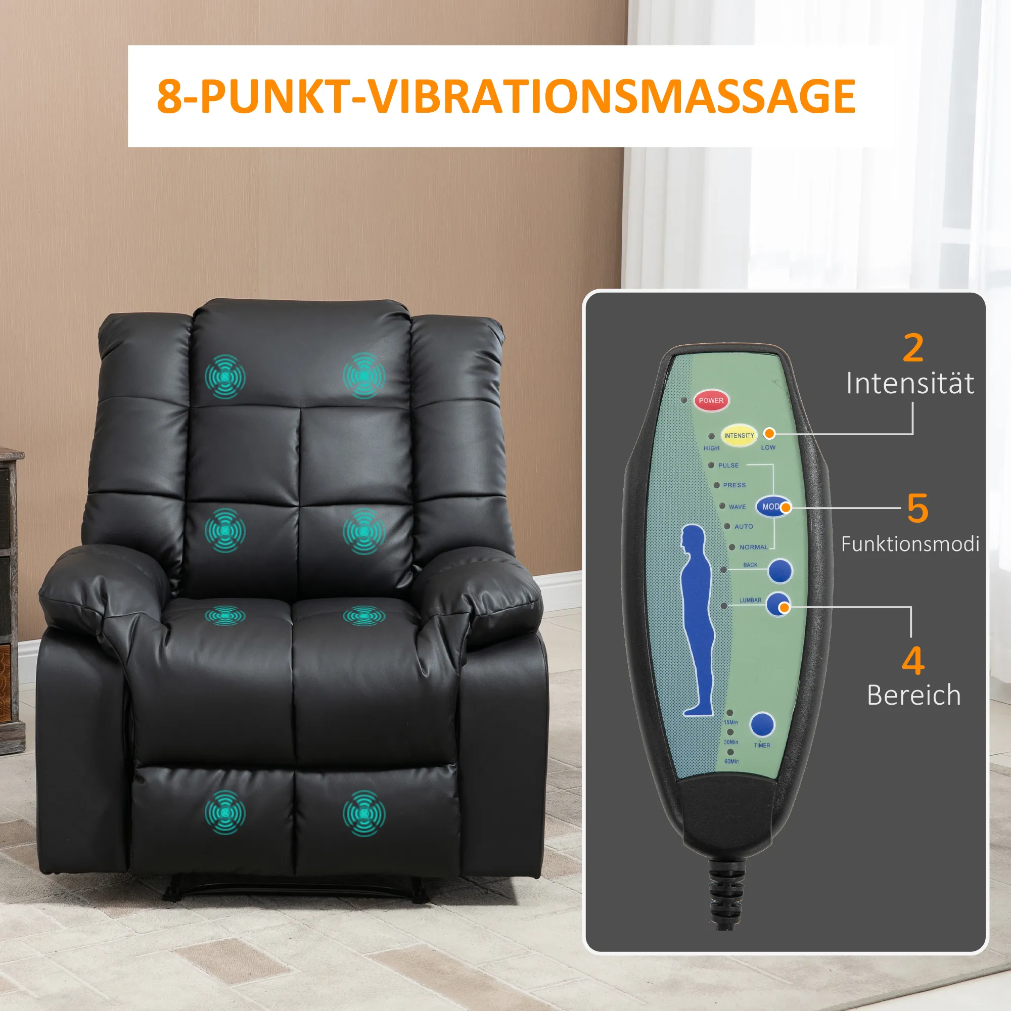 Massagesessel Schwarz 94L x 99B x 99H cm mit 8 Vibrationspunkten