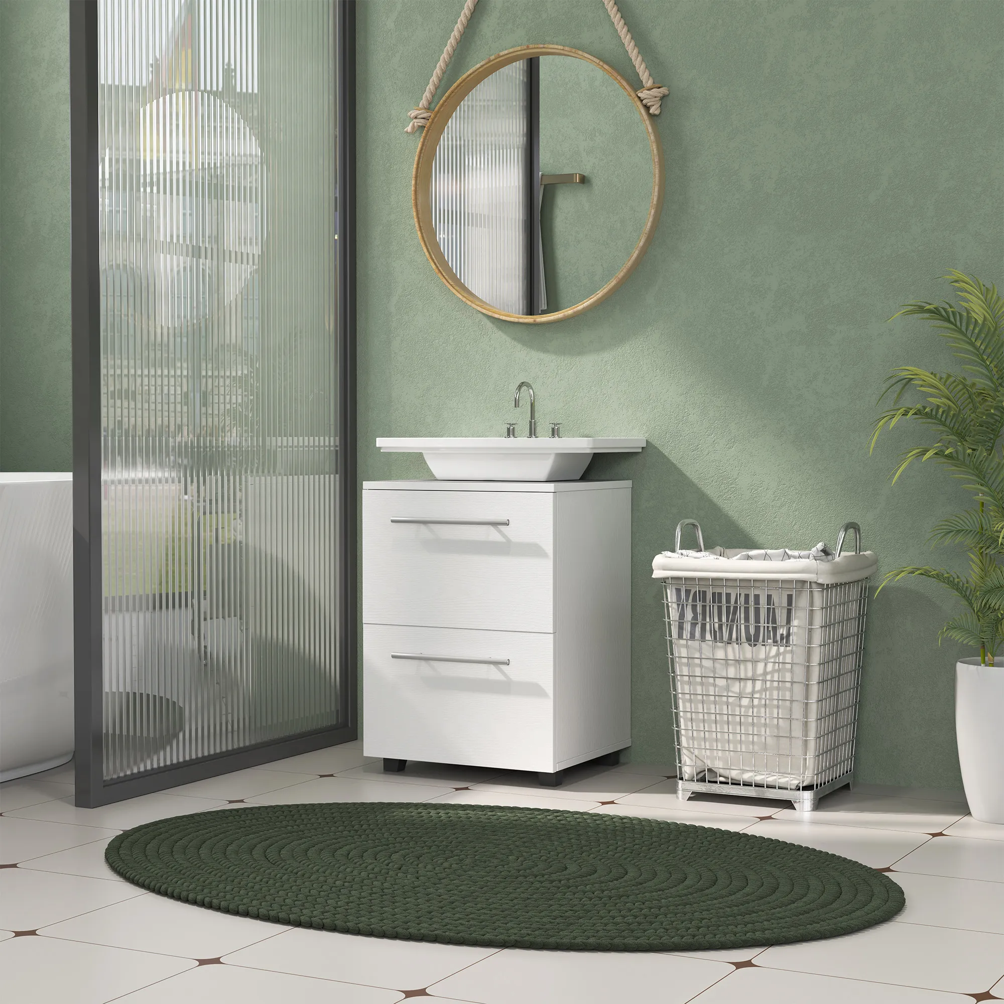 Badezimmerschrank, Waschbecken-Kommode mit Schublade, kompakt, Spanplatte, Weiß