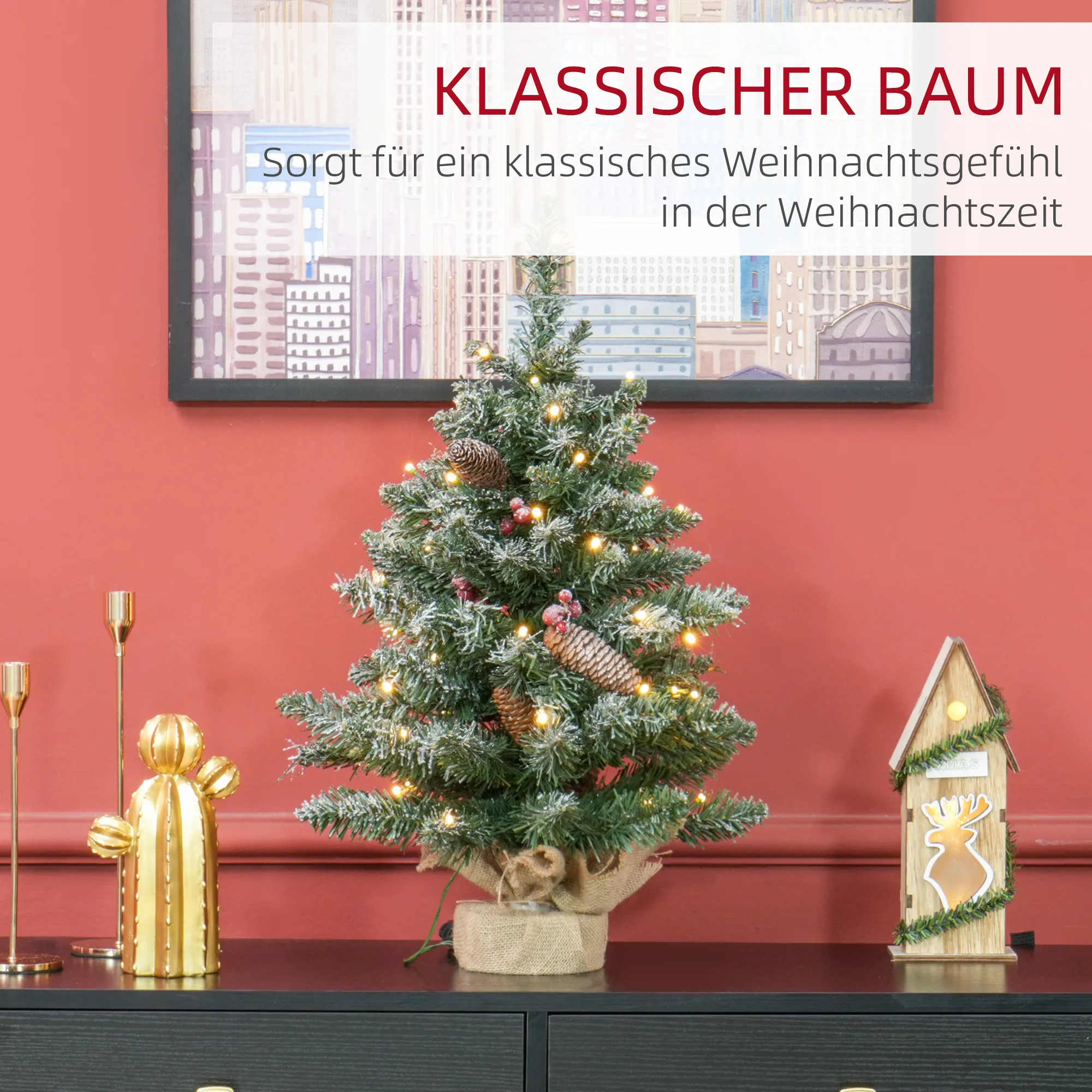 Weihnachtsbaum mit LED-Beleuchtung, 60 cm, Grün/Weiß, Kunststoff