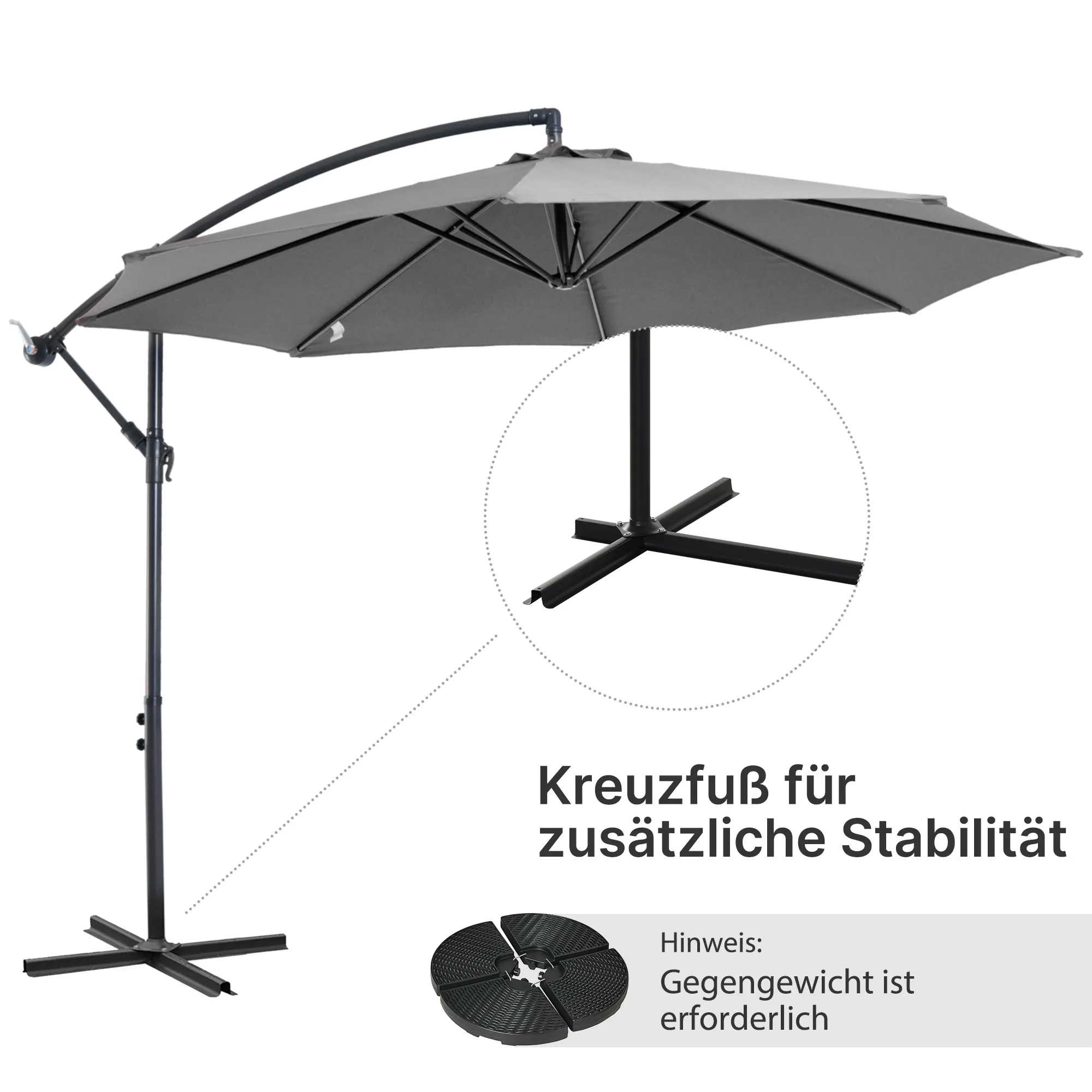 Ampelschirm Ø2,95m x 2,45m Grau für Garten und Terrasse