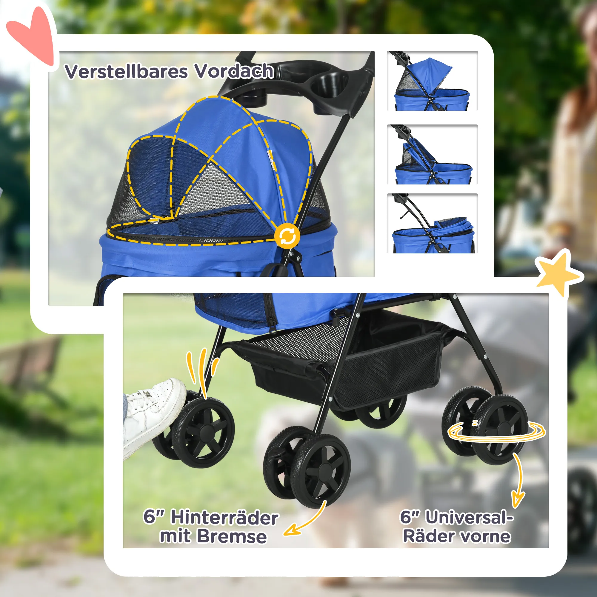 Hundebuggy Blau 67L x 45B x 96H cm für kleine Hunde bis 4 kg