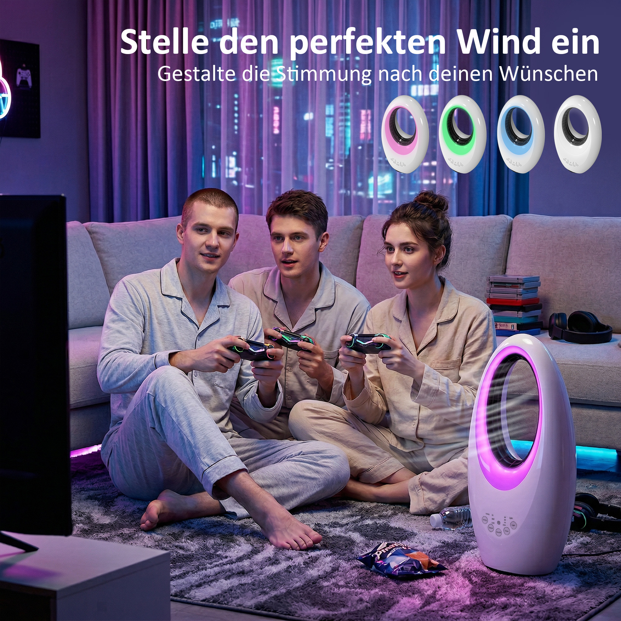 Turmventilator ohne Rotorblätter leiser Ventilator mit 60° Oszillation, LED-Beleuchtung, 3 Geschwindigkeiten, 7,5H-Timer
