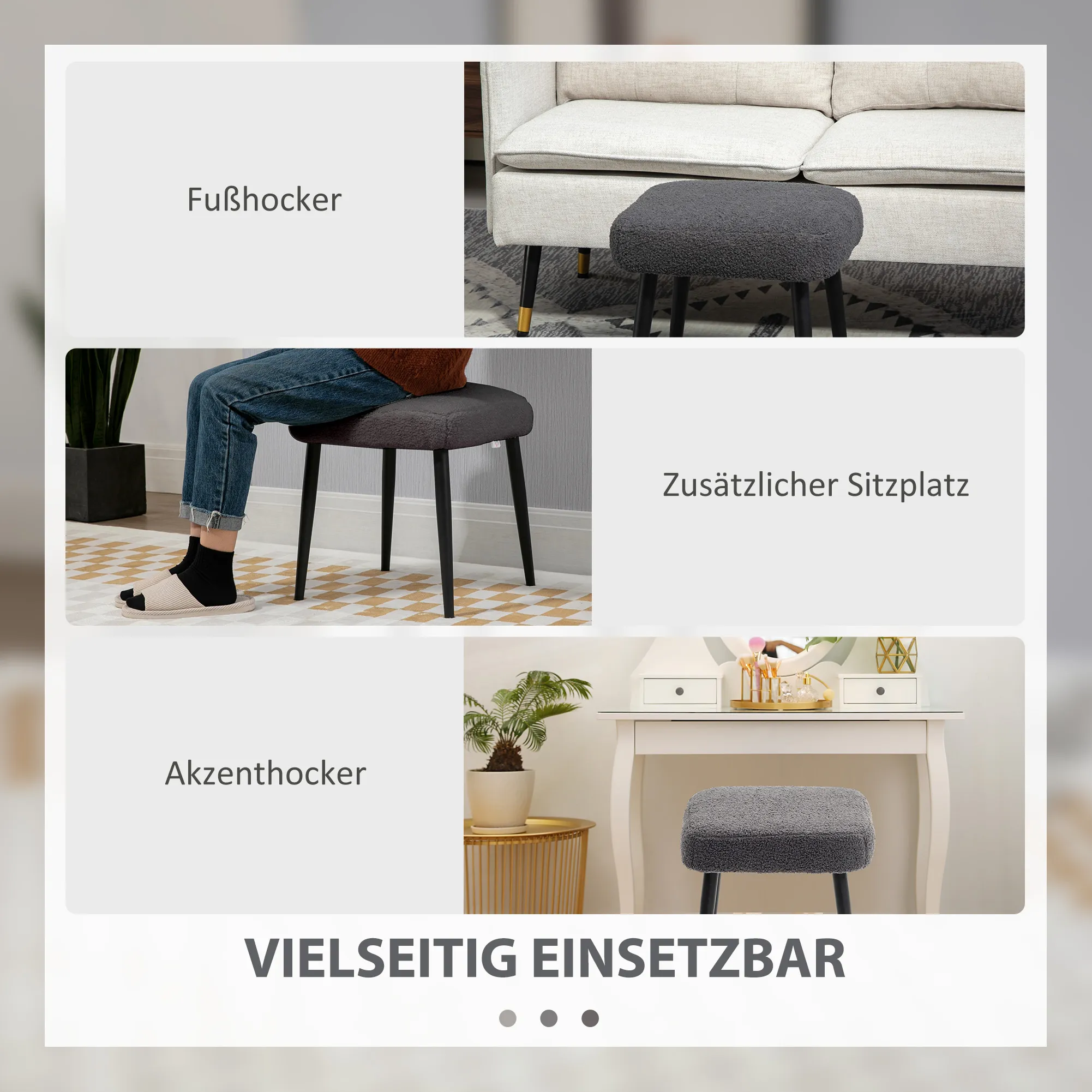 Hocker, Fußstütze, gepolsterter Sitz, Kaschmir-Optik, Stahlbeine, 42 x 42 x 44 cm, Dunkelgrau