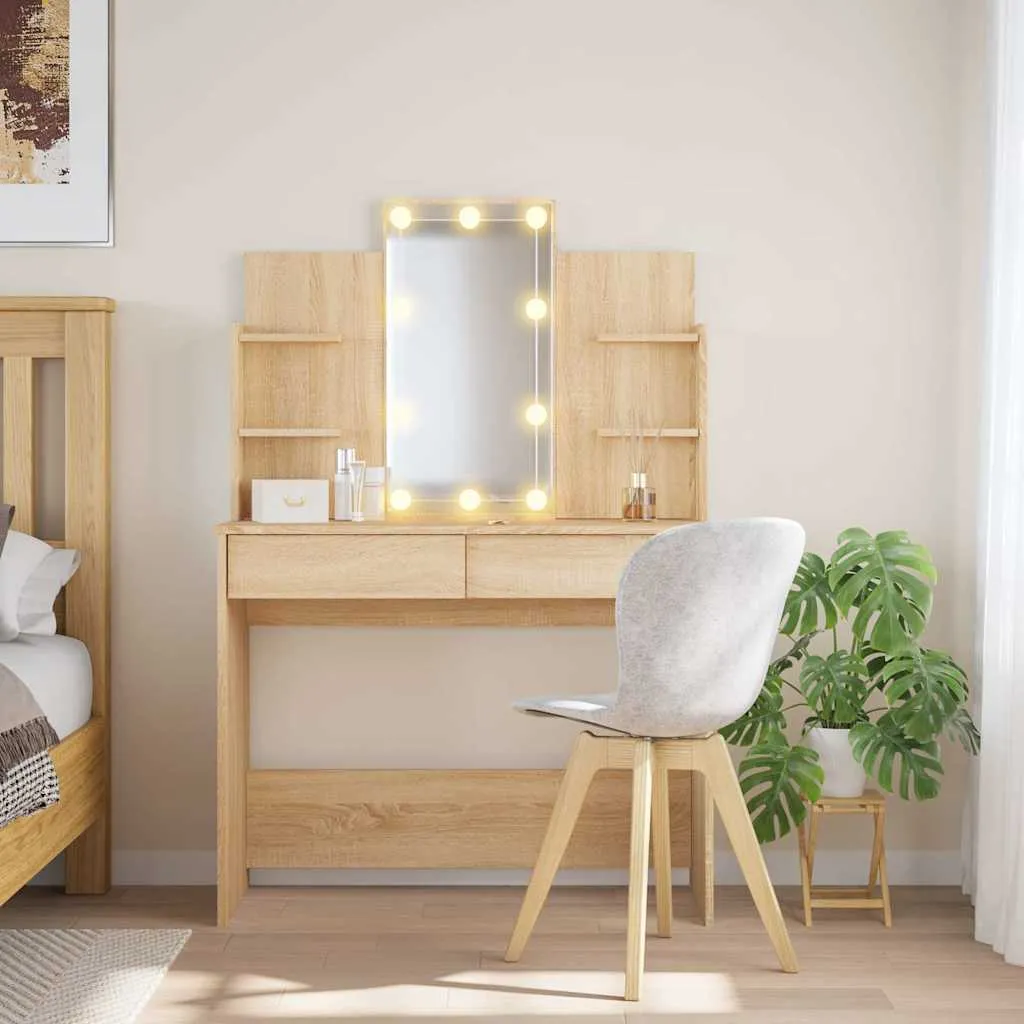 Schminktisch mit Spiegel und LED-Beleuchtung 96x40x142 cm Sonoma-Eiche