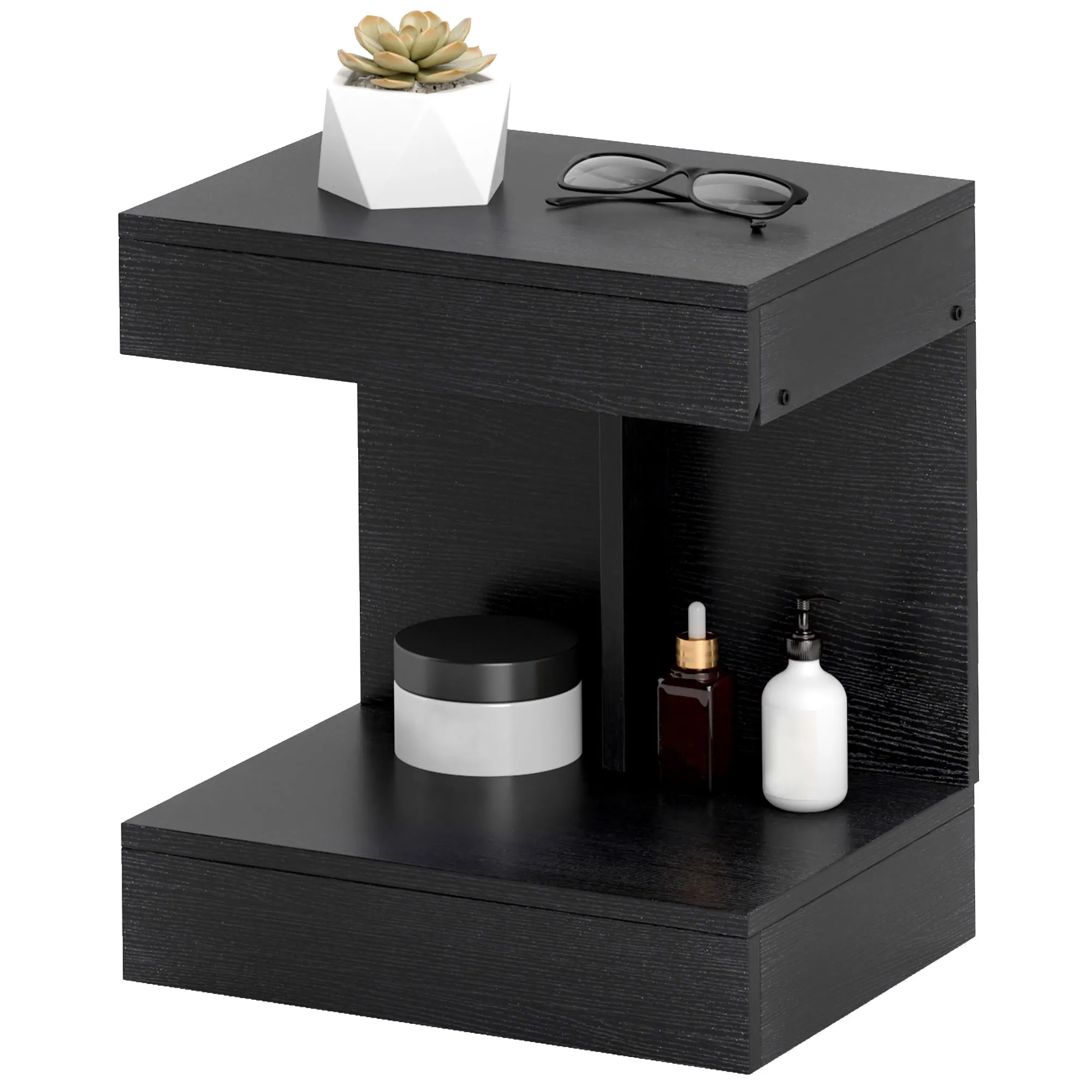 Nachttisch, Beistelltisch mit Schublade und Ablagefach, Moderner Sofatisch mit Regal für verschiedene Räume, Schwarz