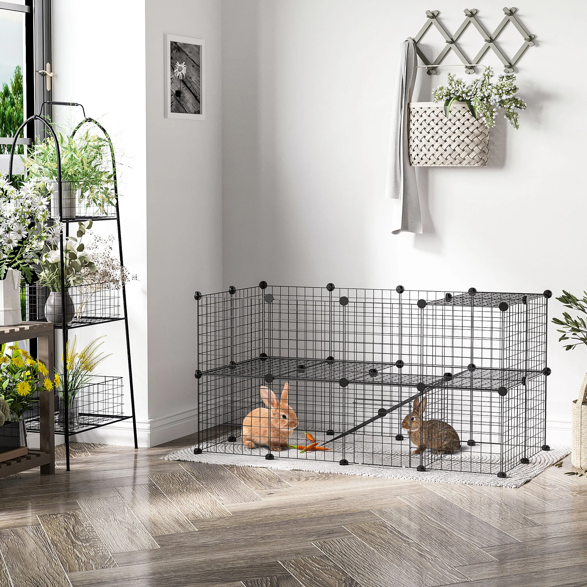 Freigehege, Freilaufgehege, Laufstall mit 36 Platten, Kleintiergehege für Kleintiere, Meerschweinchen, Gehege für innen und außen, Metallgitter, 146 x 73 x 73 cm, Schwarz