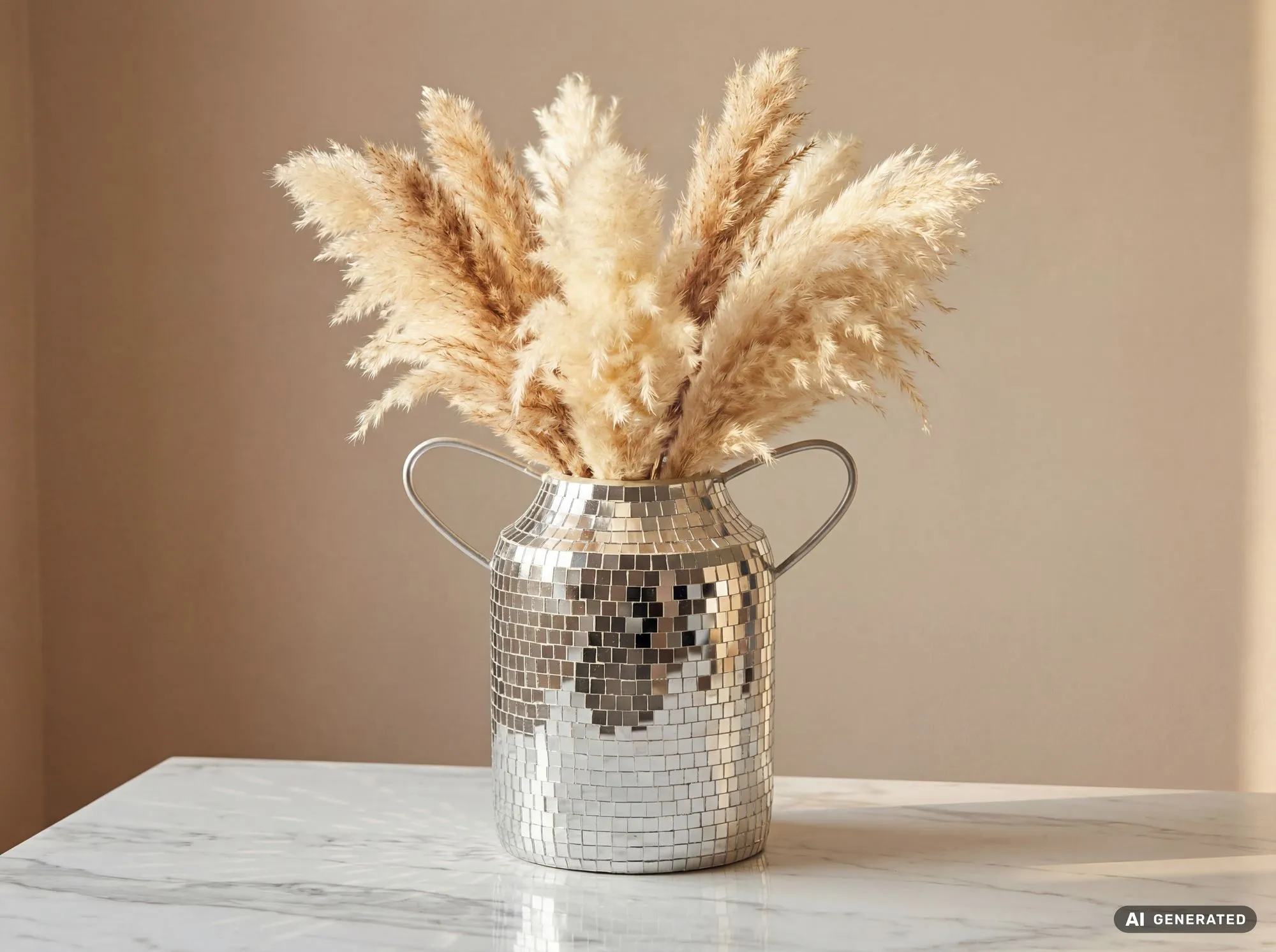 Tischvase Aluminium 32cm Silber - Blumenvase mit Henkel - Metallvase im Discokugel Design Modern - Dekovase rund für Trockenblumen - Alu Standvase Vase Hoch - Wohndeko Handmade