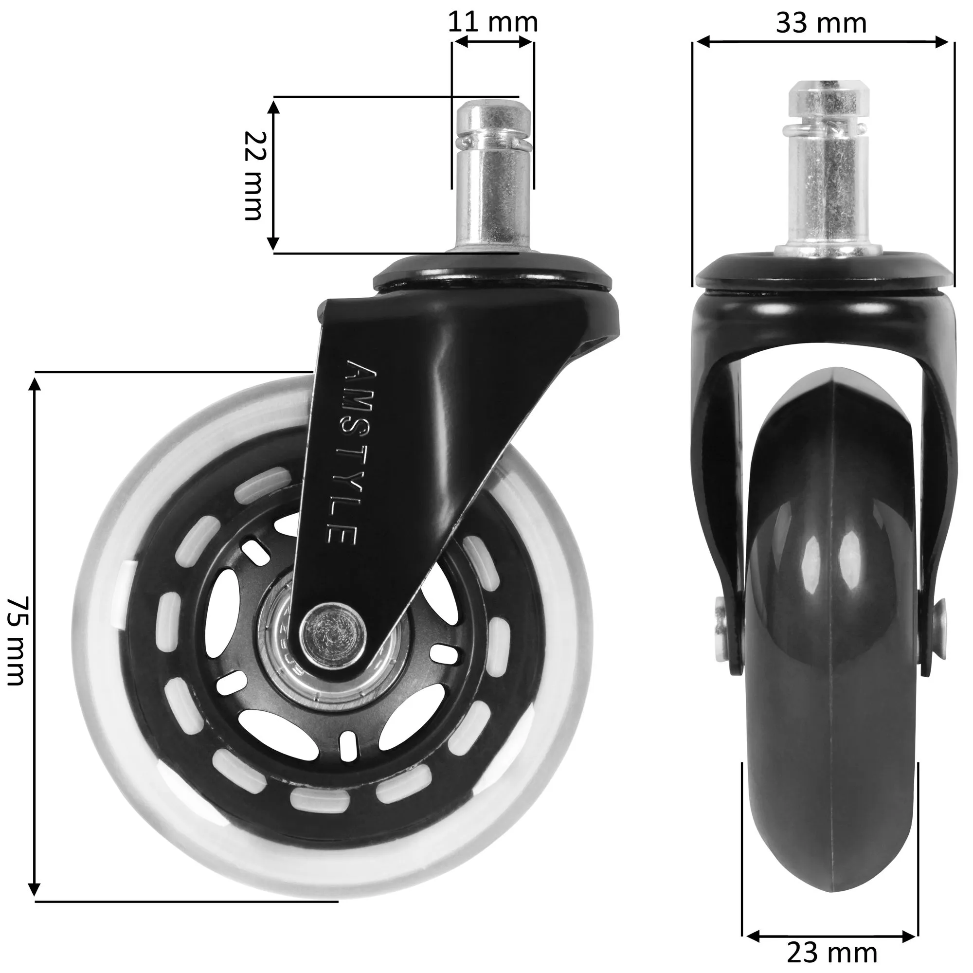 Amstyle 5er Set leichtgängige Universal-Schwerlastrollen für Bürostuhl 11 mm Stift / Durchmesser 75 mm