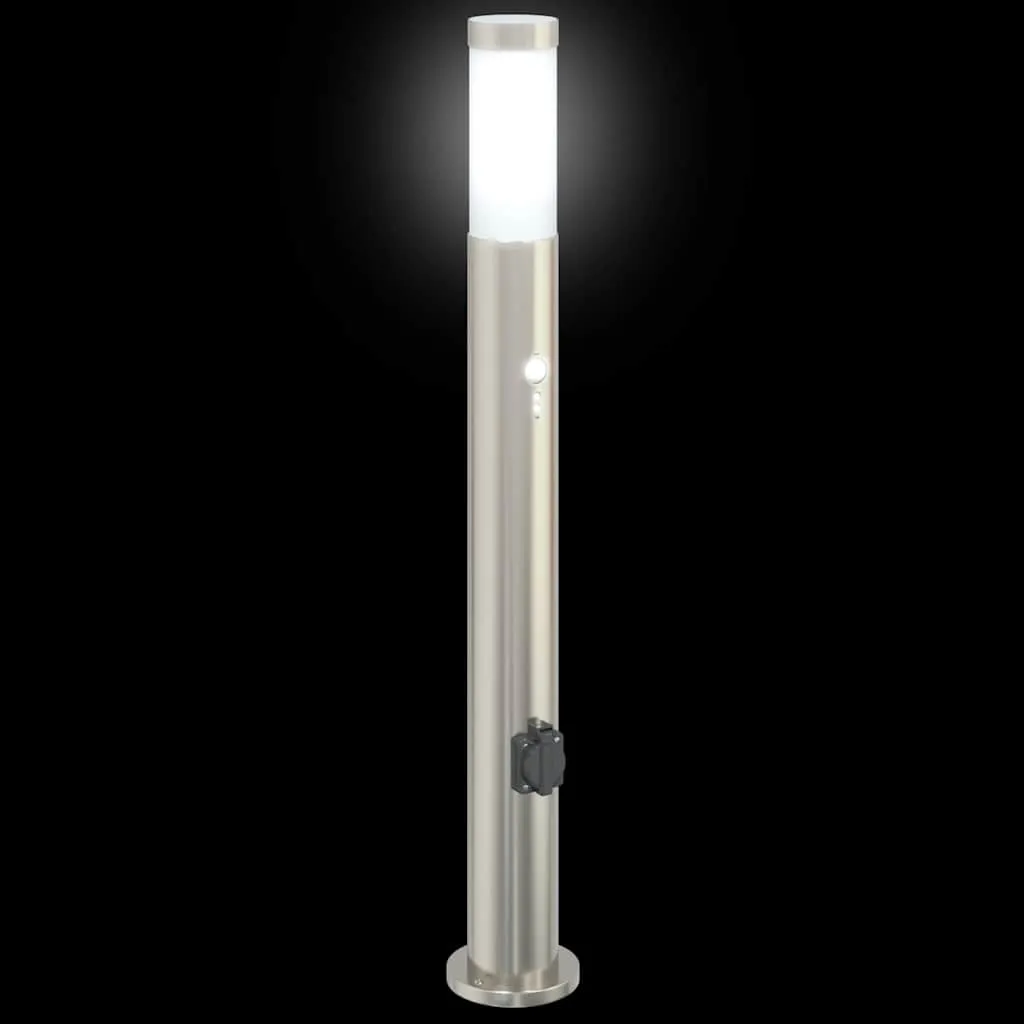 Silberne Edelstahl Pollerleuchte 11x80 cm mit Bewegungssensor und Steckdose