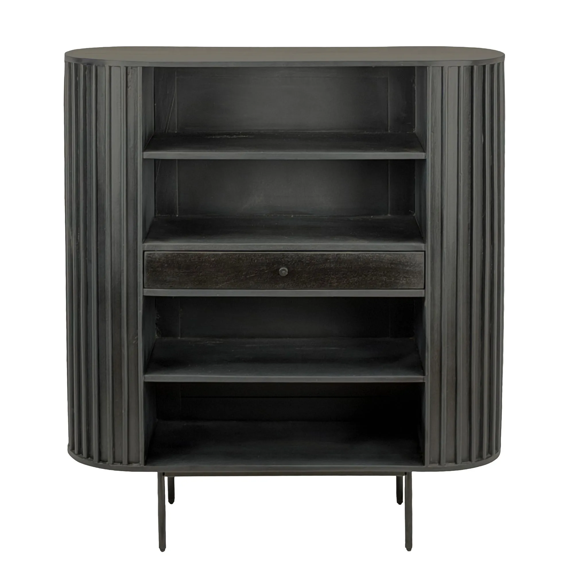 Bücherregal Massivholz Mango 105x122 cm Lamellen Design Schwarz - Offenes Standregal mit Schublade - Stauraumregal Metallbeine - Wohnregal Wohnzimmer - Kleiner Schrank Regal Handmade