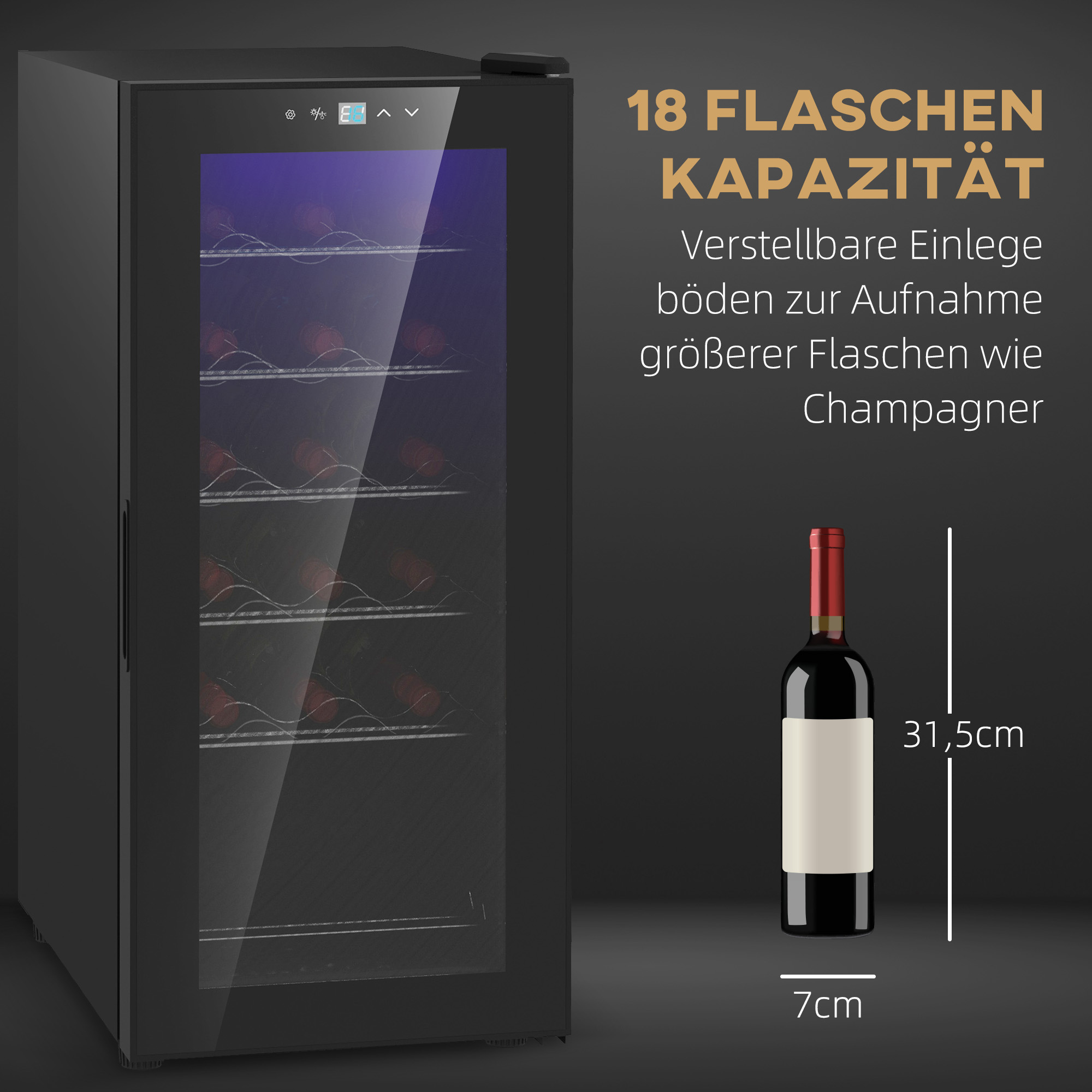 Weinkühlschrank 34,5B x 45T x 78H cm Schwarz für 18 Flaschen