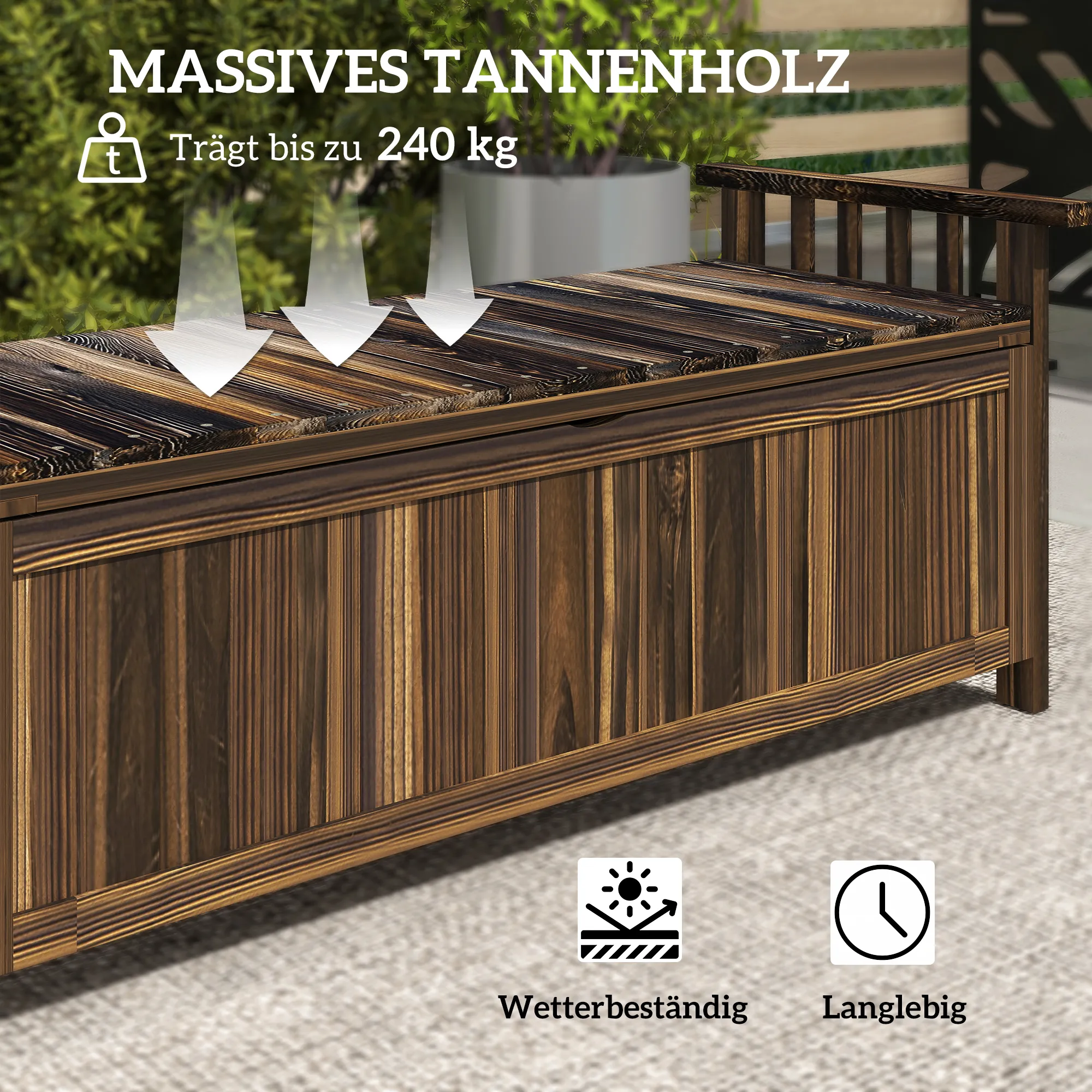 2-Sitzer Gartenbank Holz, wetterfest Sitzbank, Gartenmöbel mit Stauraum Armlehnen 128,5 x 52 x 53,5cm, Verkohlt