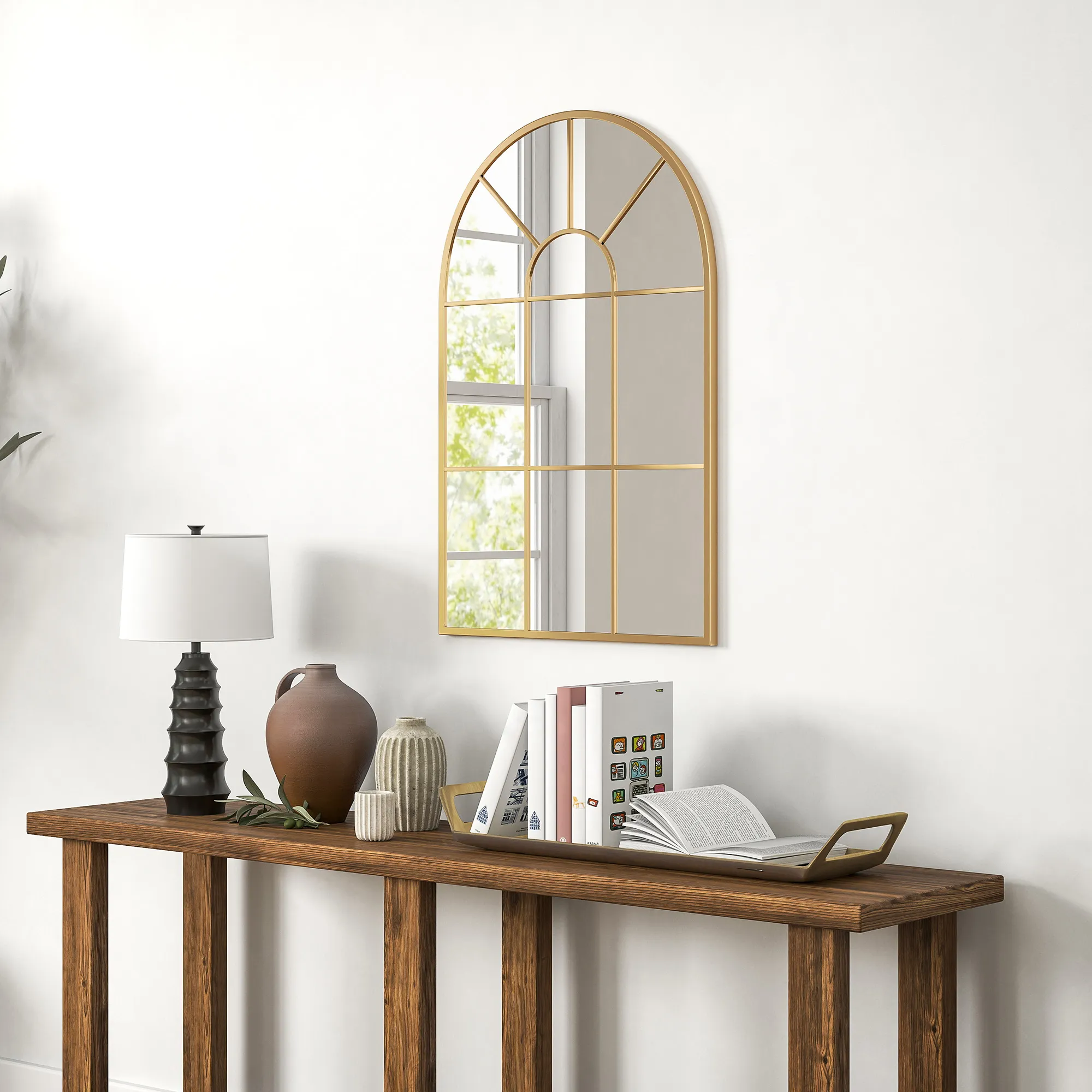 Wandspiegel, Fenster-Design, Flurspiegel, Metallrahmen, 91 x 60 cm, Gold