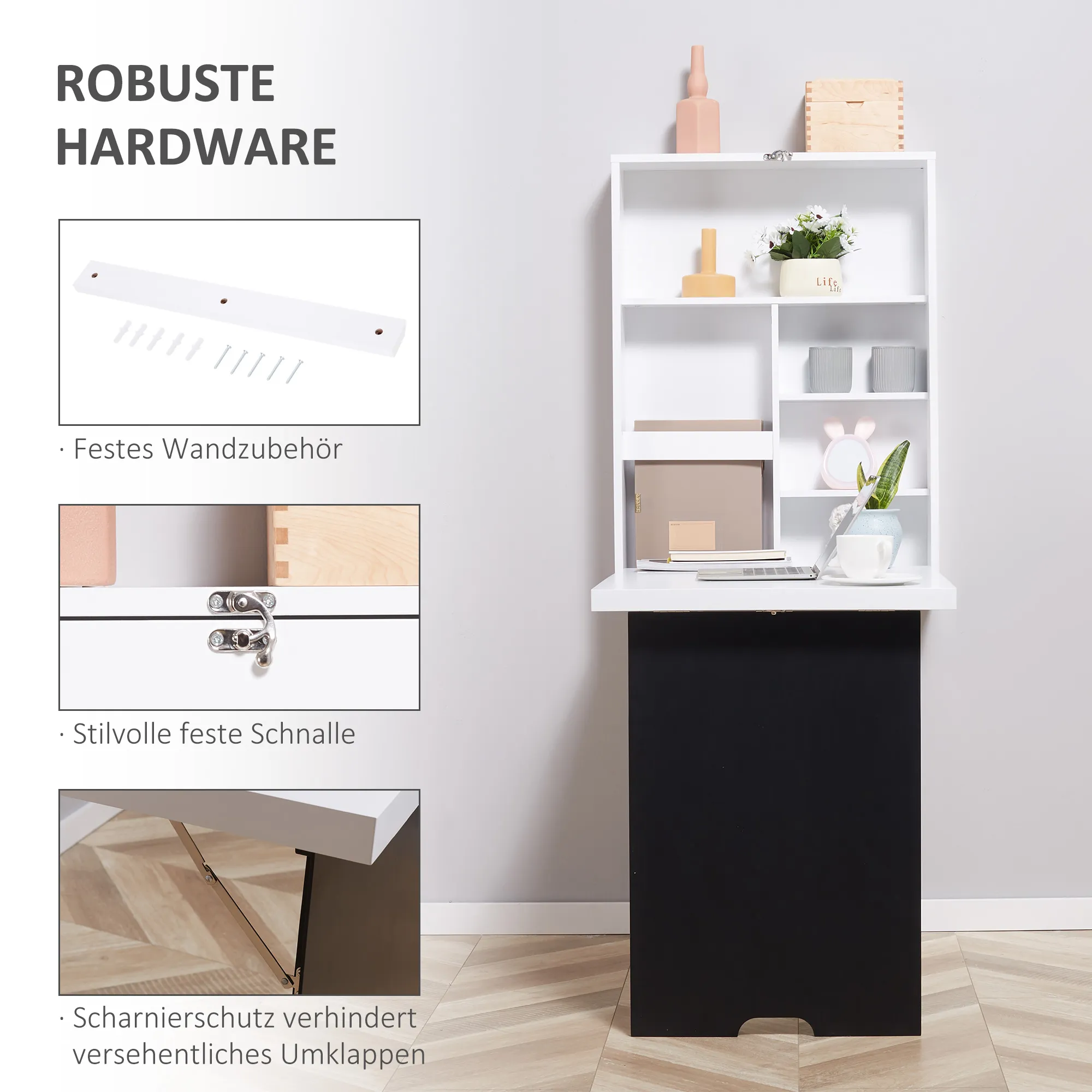 Platzsparendes Wandregal mit Klapptisch 60L x 94,5B x 147H cm Schwarz+Weiß