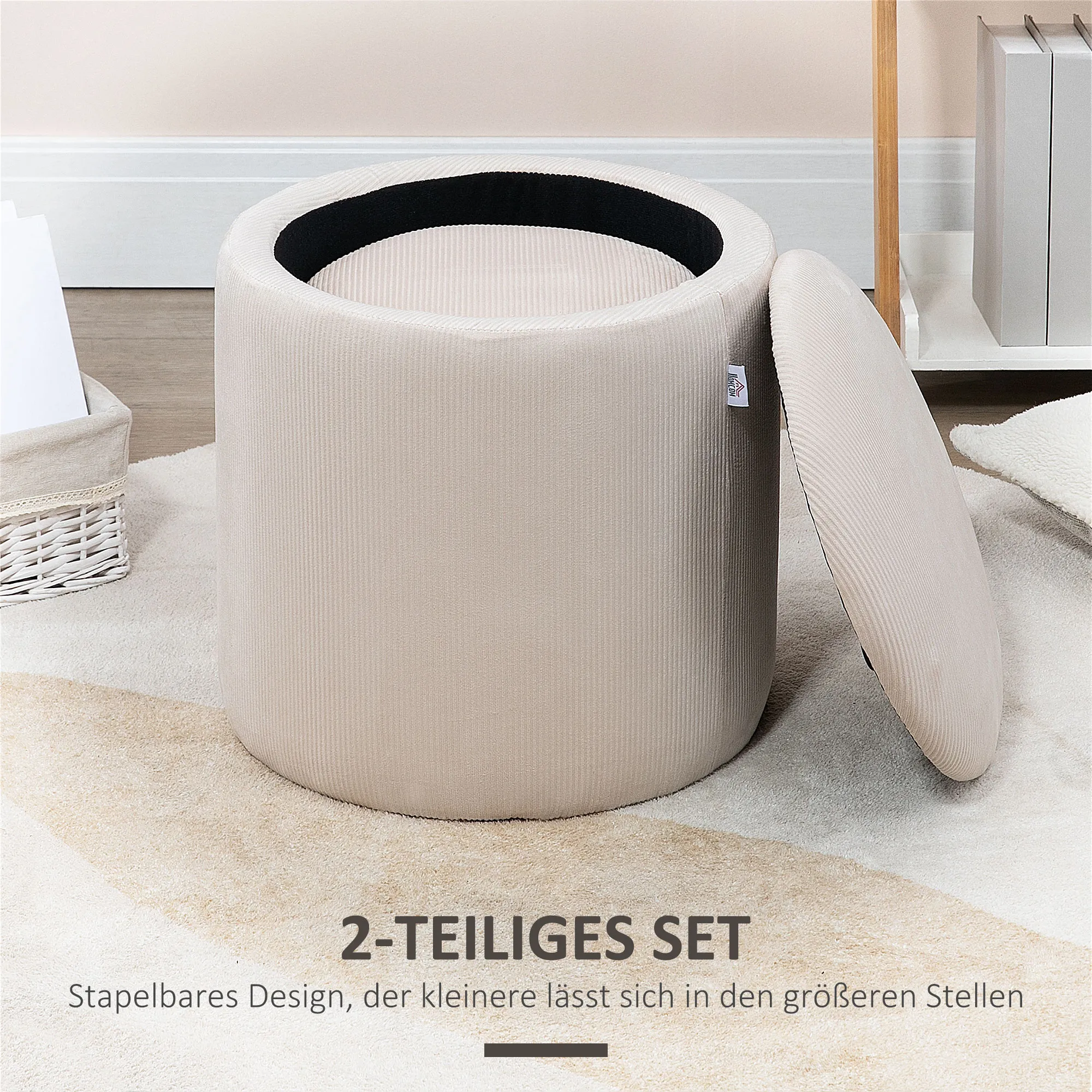 Hocker Ottomane, Zweier-Set, mit Stauraum, weiche Polsterung, Bezug in Cordoptik, Cremeweiß, 40 x 40 x 41cm