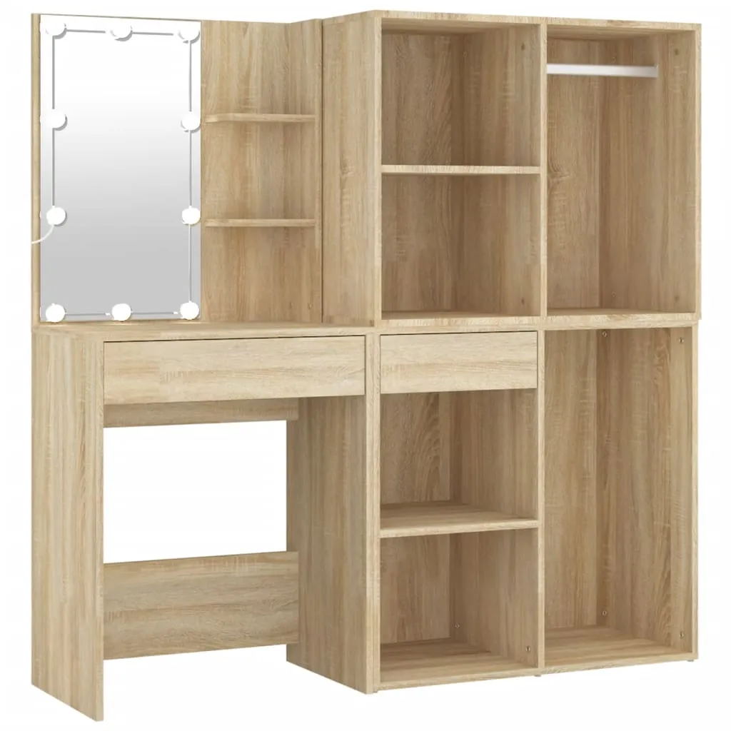 LED-Schminktisch Sonoma-Eiche 60x40x140 cm mit 2 Schränken